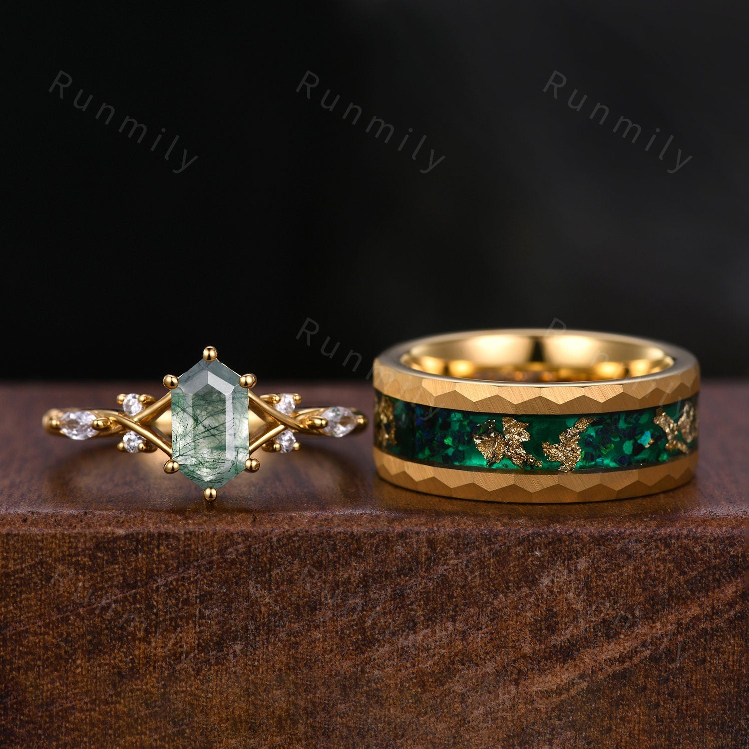 Green Moss Agate Couples Ring Yellow Gold His and Hers Matching Ring Set Mens Green Opal Ring Anniversary Gift For Men and Women Retro Ring