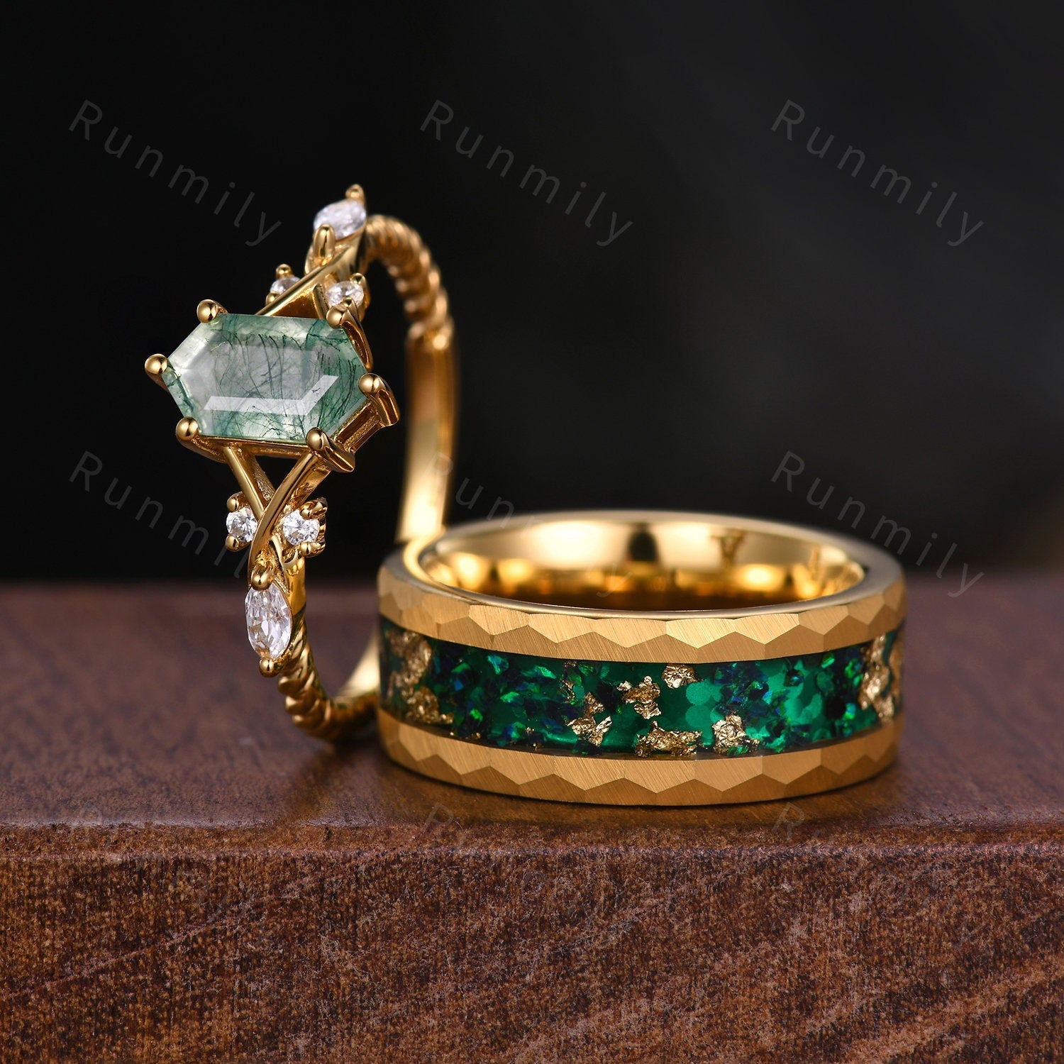 Green Moss Agate Couples Ring Yellow Gold His and Hers Matching Ring Set Mens Green Opal Ring Anniversary Gift For Men and Women Retro Ring