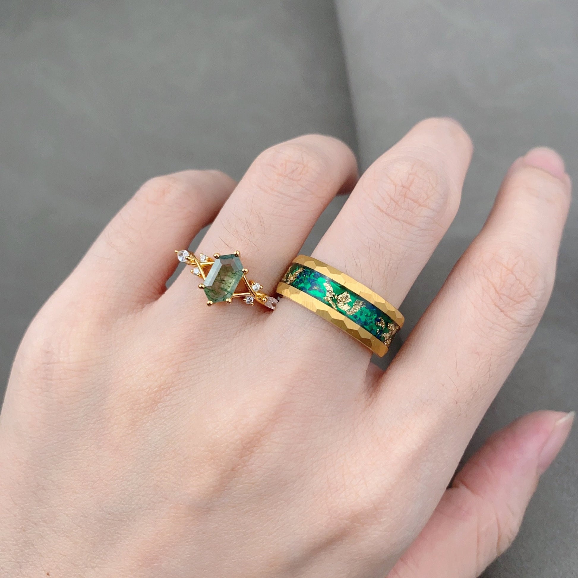 Green Moss Agate Couples Ring Yellow Gold His and Hers Matching Ring Set Mens Green Opal Ring Anniversary Gift For Men and Women Retro Ring