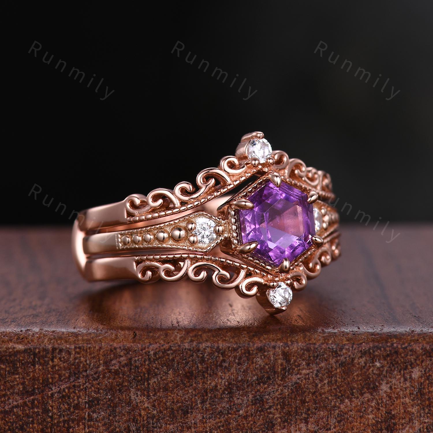 Antique Hexagon Amethyst Engagement Ring Set Rose Gold Double Curved Stacking Diamond Band Unique Art Deco Bridal Promise Wedding Ring Set