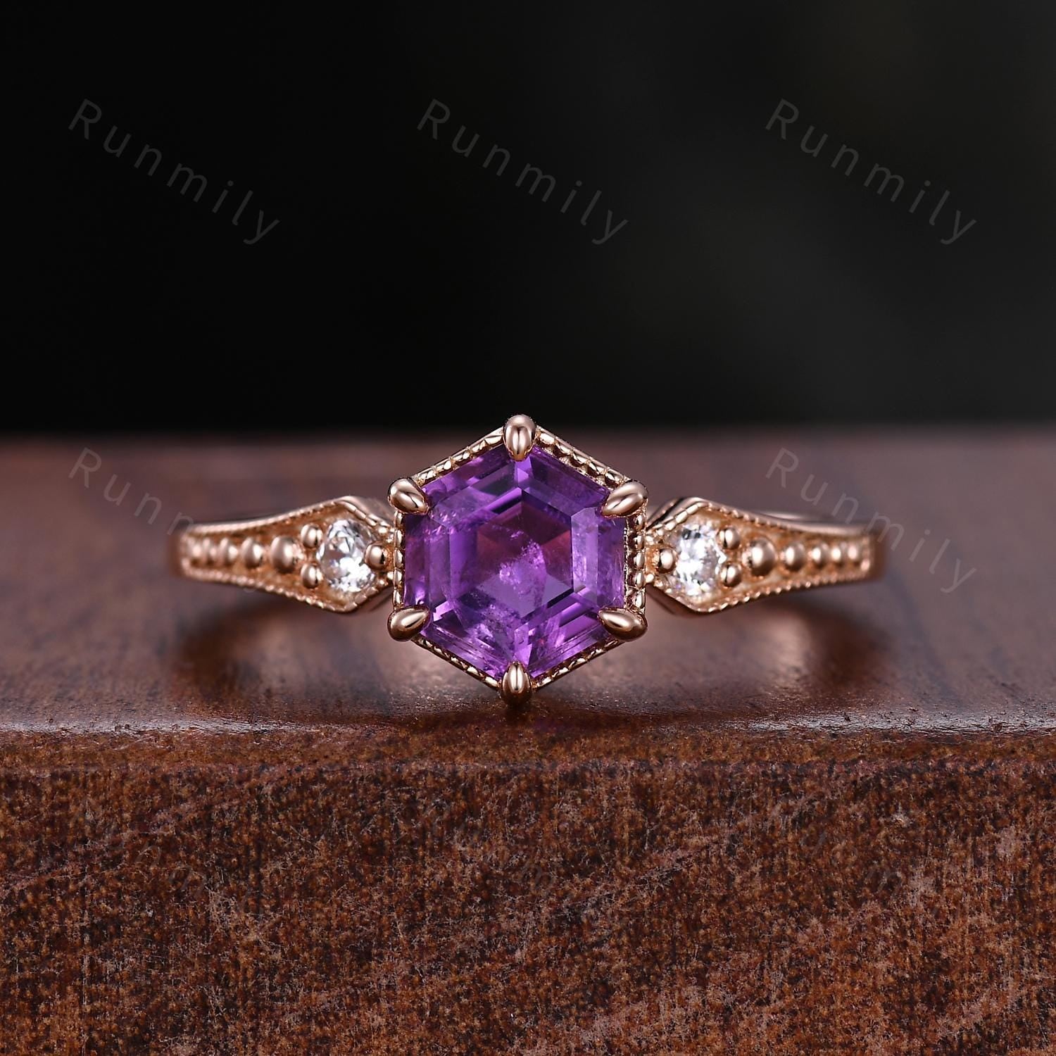 Antique Hexagon Amethyst Engagement Ring Set Rose Gold Double Curved Stacking Diamond Band Unique Art Deco Bridal Promise Wedding Ring Set