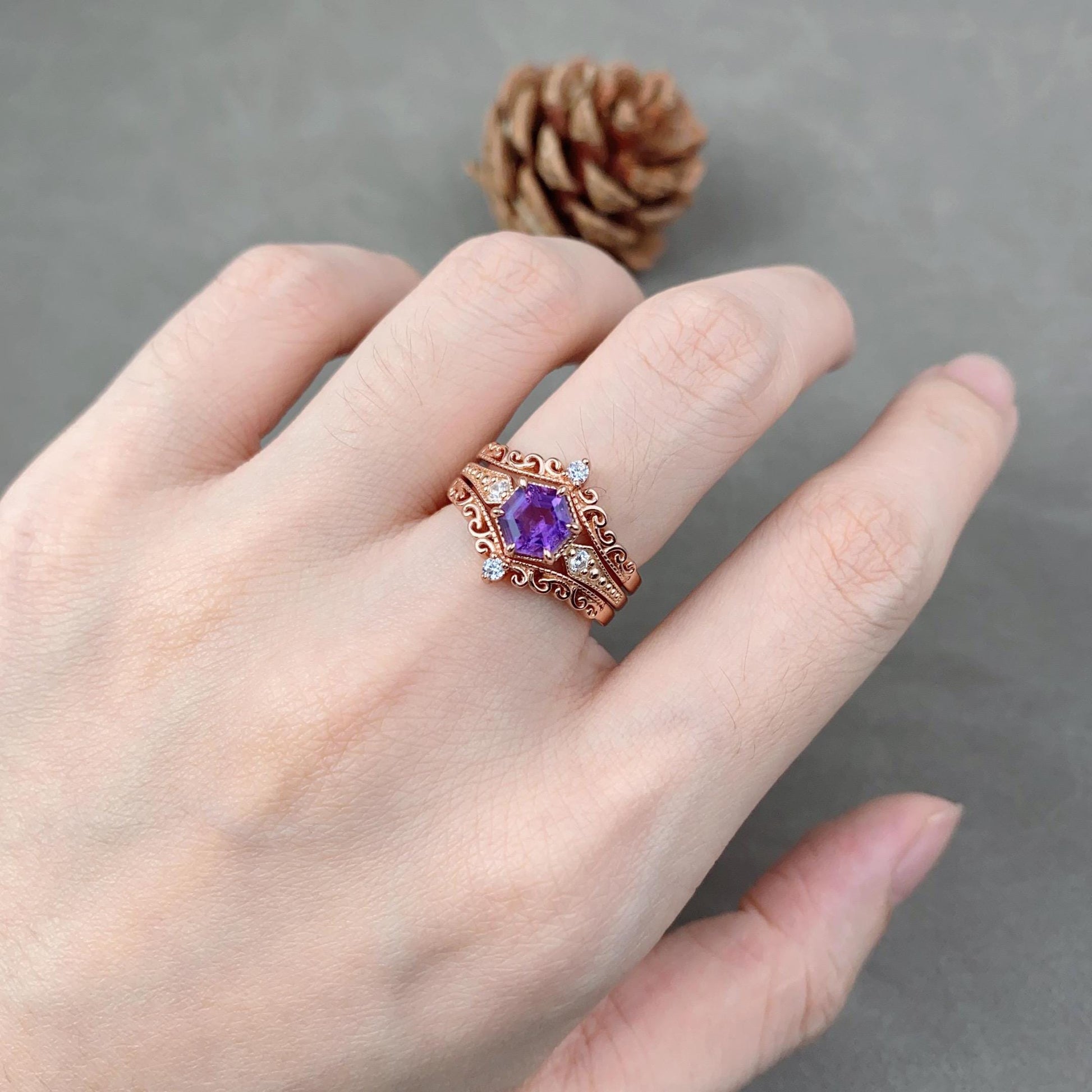 Antique Hexagon Amethyst Engagement Ring Set Rose Gold Double Curved Stacking Diamond Band Unique Art Deco Bridal Promise Wedding Ring Set