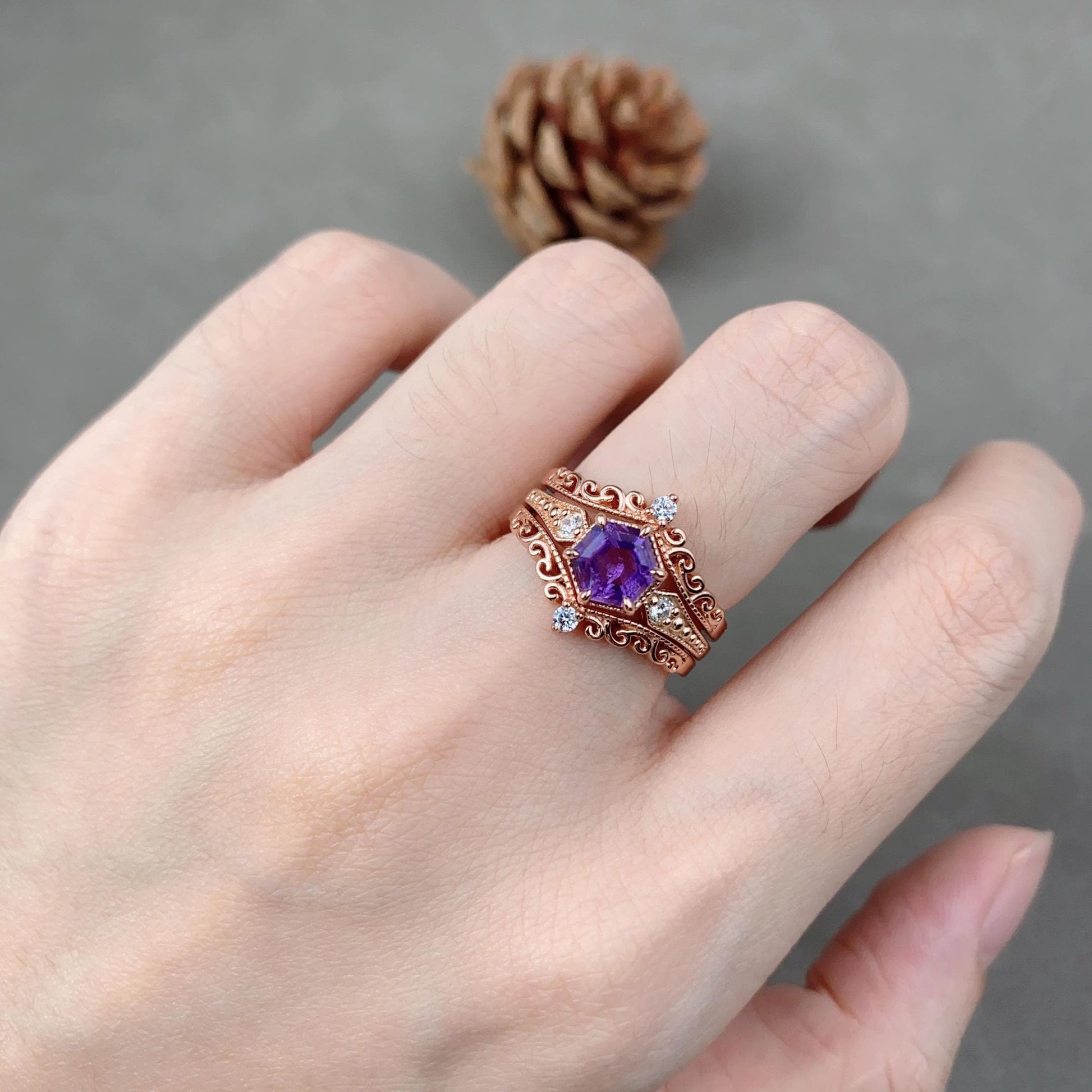 Antique Hexagon Amethyst Engagement Ring Set Rose Gold Double Curved Stacking Diamond Band Unique Art Deco Bridal Promise Wedding Ring Set