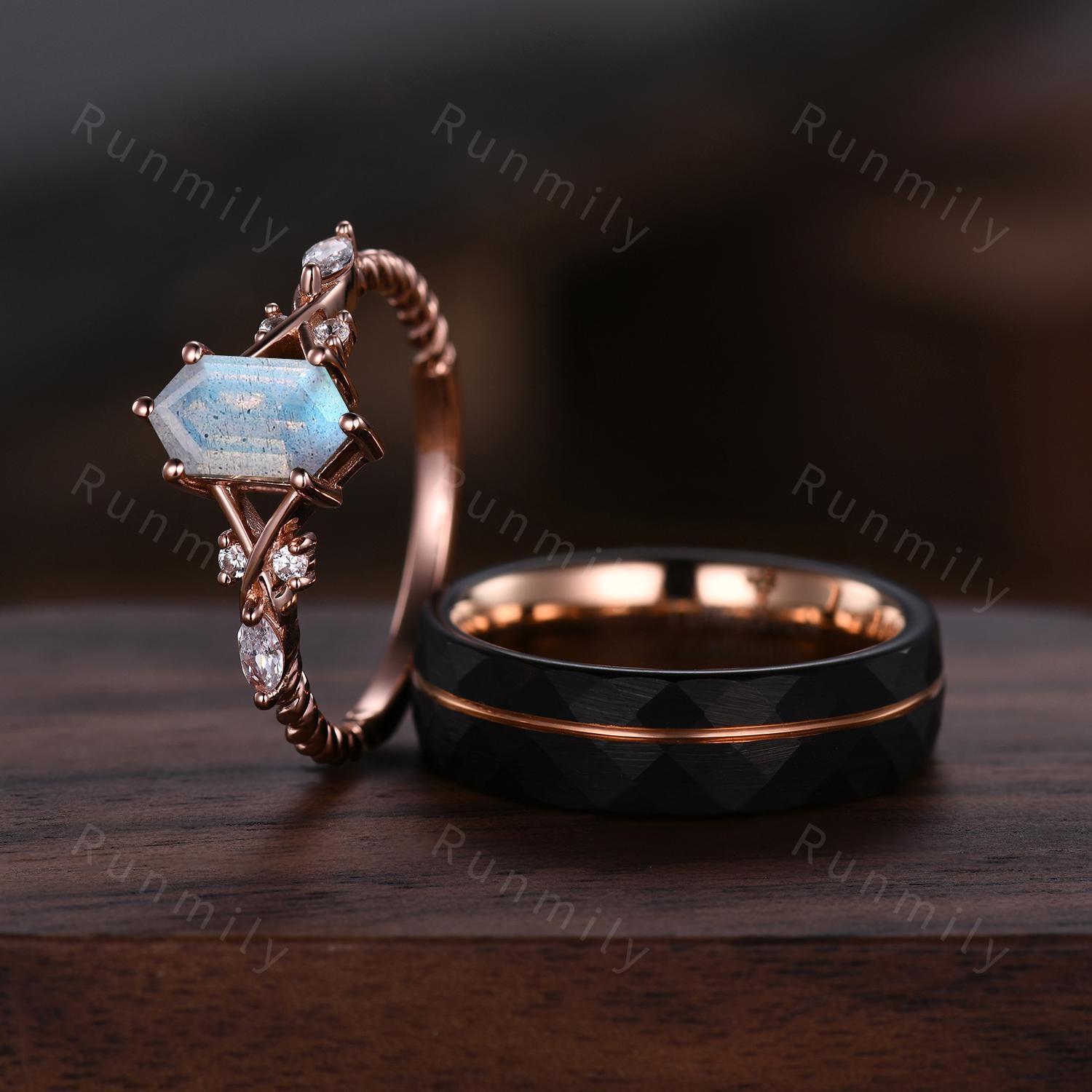 Vintage Labradorite Couples Ring Rose Gold Matching Ring Set His and Hers Wedding Band Promise Ring For Men For Women Natural Blue Stone