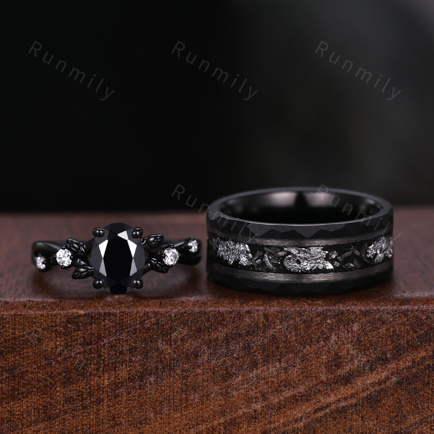 Oval Cut Black Onyx Couples Ring Set Vintage Black Gold Ring Mens Meteorite Tungsten Ring His And Hers Wedding Band Leaf Style Promise Ring