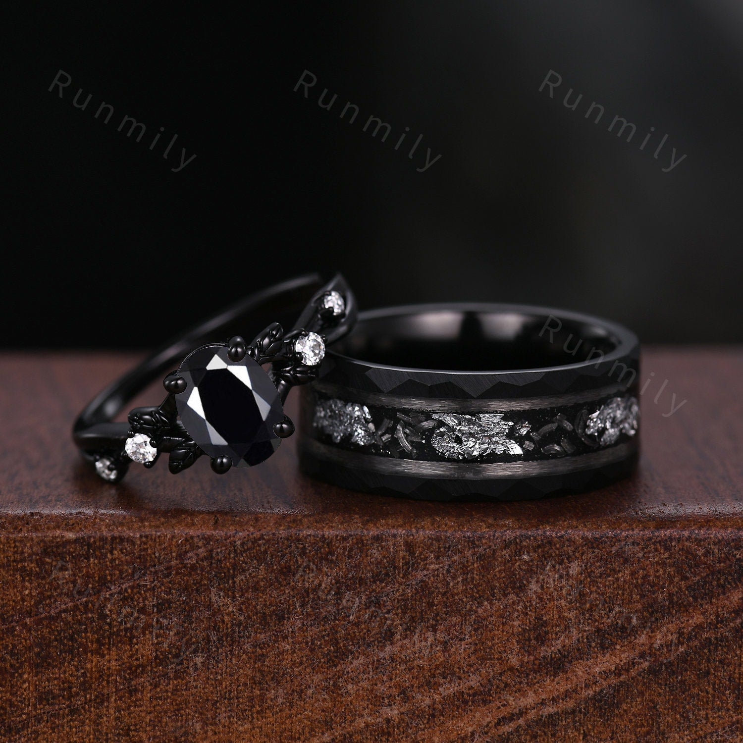 Oval Cut Black Onyx Couples Ring Set Vintage Black Gold Ring Mens Meteorite Tungsten Ring His And Hers Wedding Band Leaf Style Promise Ring