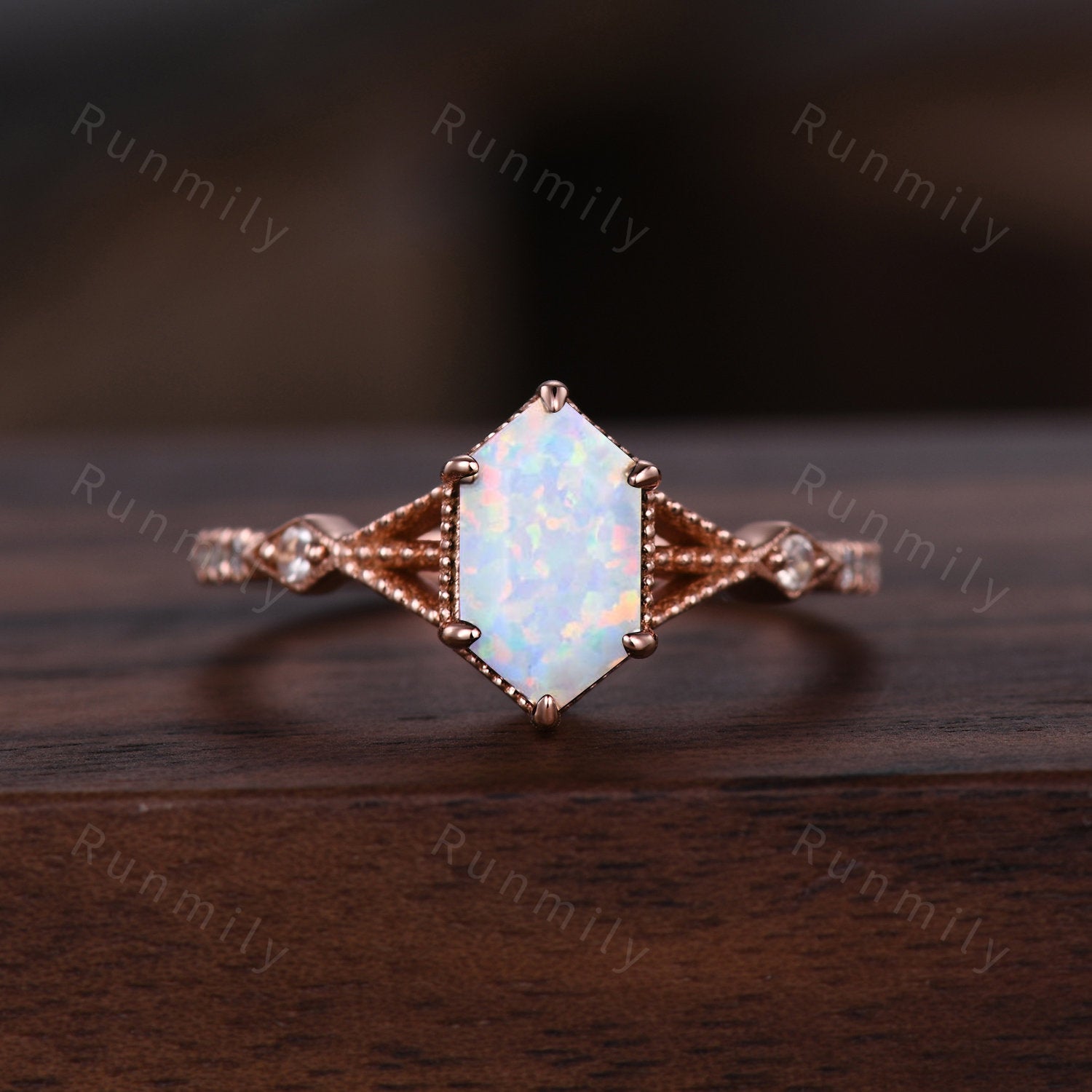 Hexagon cut White Opal Couples Ring Set Vintage Double Curved Diamond Band Rose Gold His and Her Wedding Band Promise Ring For Men and Women