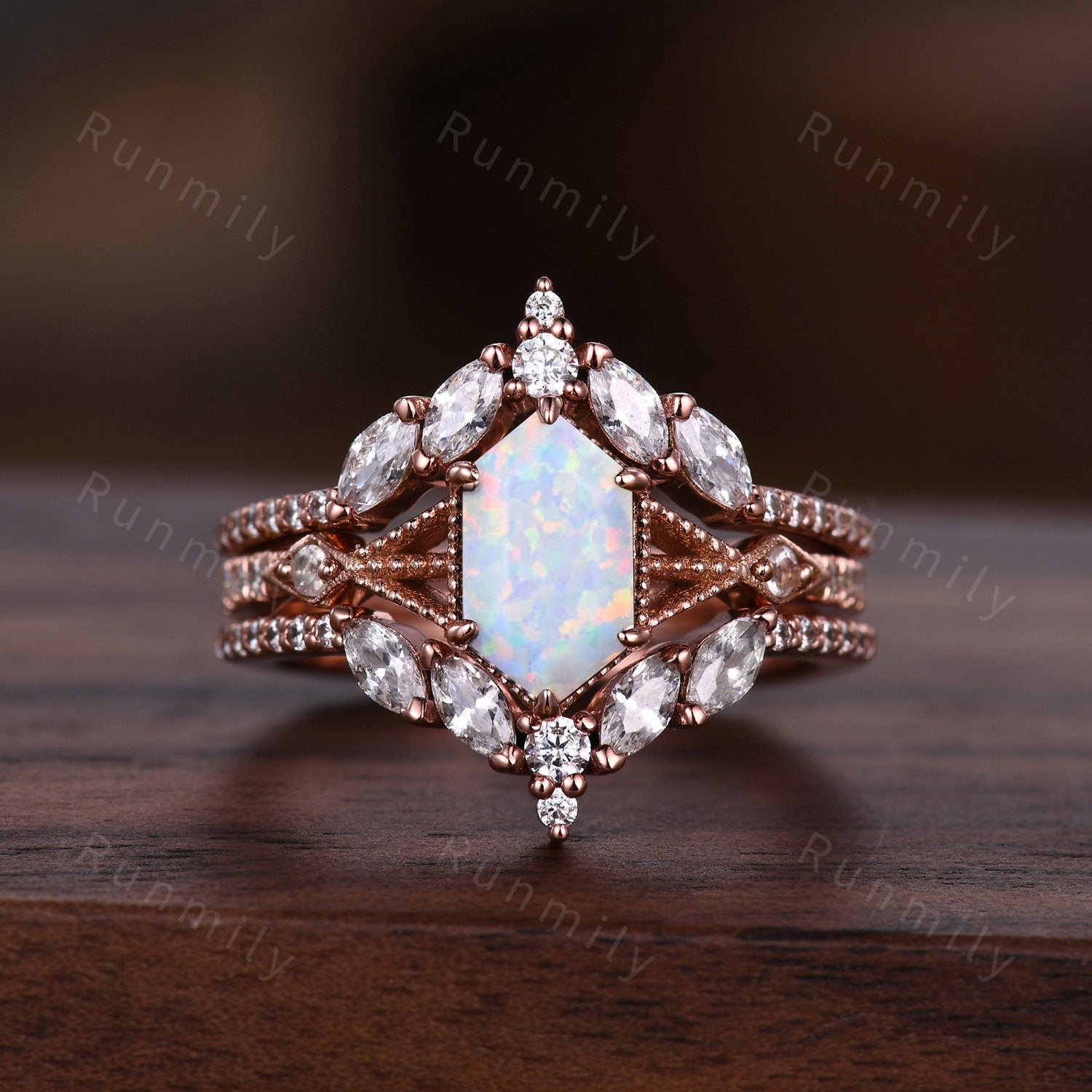 Hexagon cut White Opal Couples Ring Set Vintage Double Curved Diamond Band Rose Gold His and Her Wedding Band Promise Ring For Men and Women