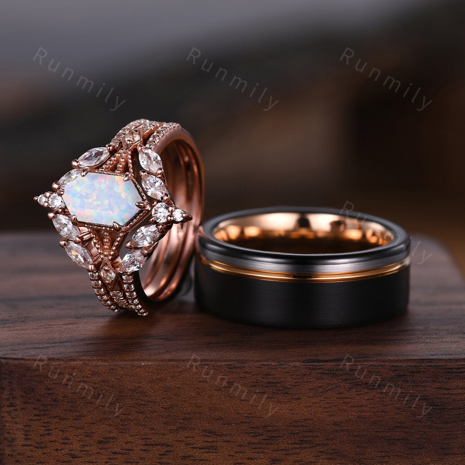 Hexagon cut White Opal Couples Ring Set Vintage Double Curved Diamond Band Rose Gold His and Her Wedding Band Promise Ring For Men and Women