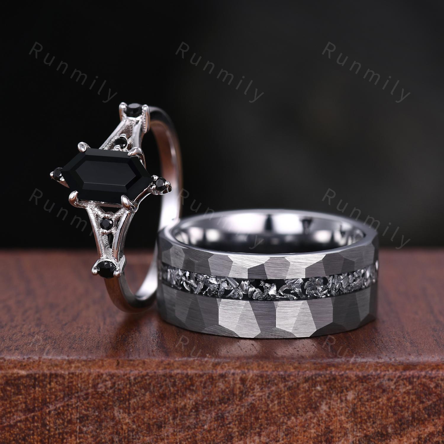 Hexagon cut Black Onyx Couples Ring Silver Matching Ring Set His and Hers Wedding Band Mens Meteorite Ring Hammered Ring Bridal Promise Ring