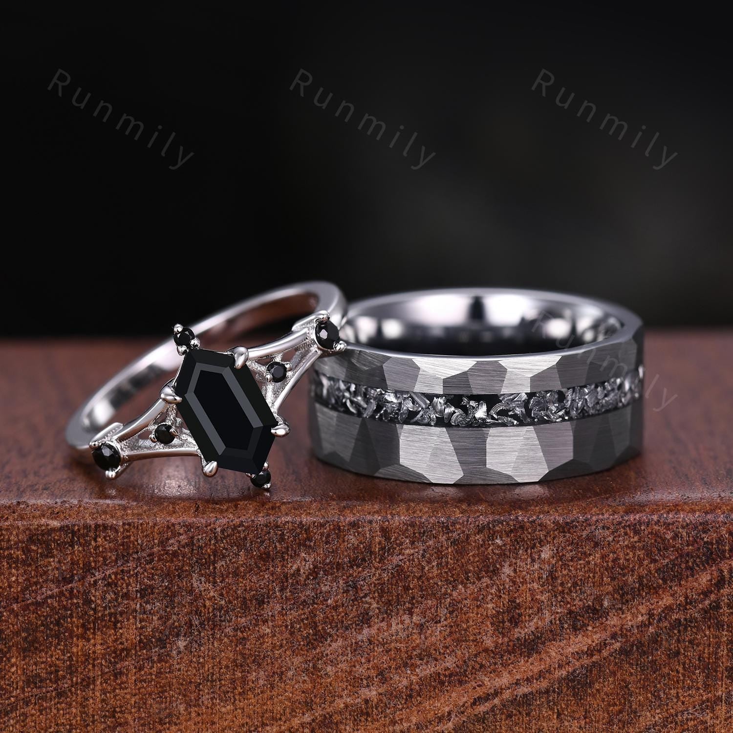 Hexagon Cut Black Onyx Couples Ring Silver Matching Ring Set His And Hers Wedding Band Mens Meteorite Ring Hammered Ring Bridal Promise Ring