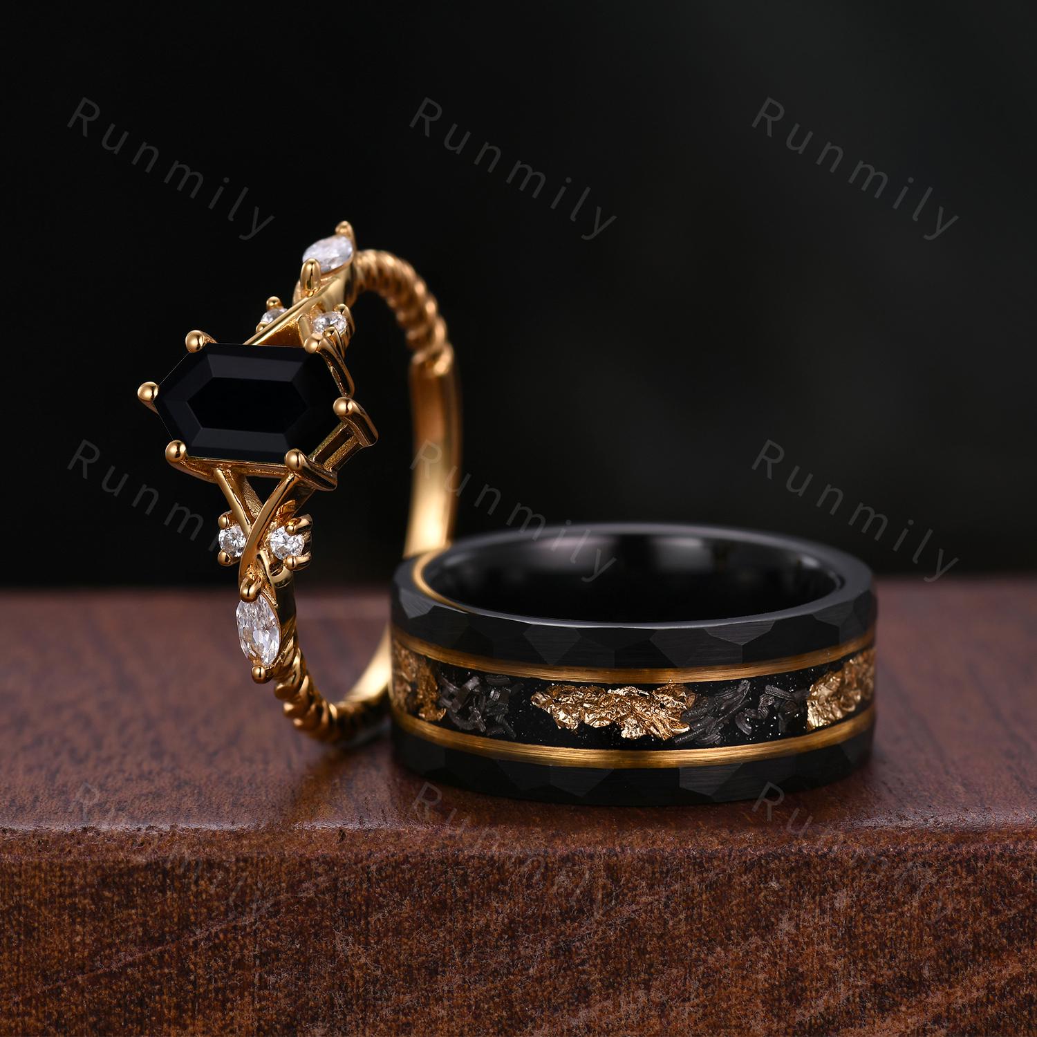 2PCS Black Onyx Couples Ring Set Yellow Gold Matching Promise Ring His and Hers Wedding Band Mens Meteorite Gold Leaf Ring Natural Black Gem