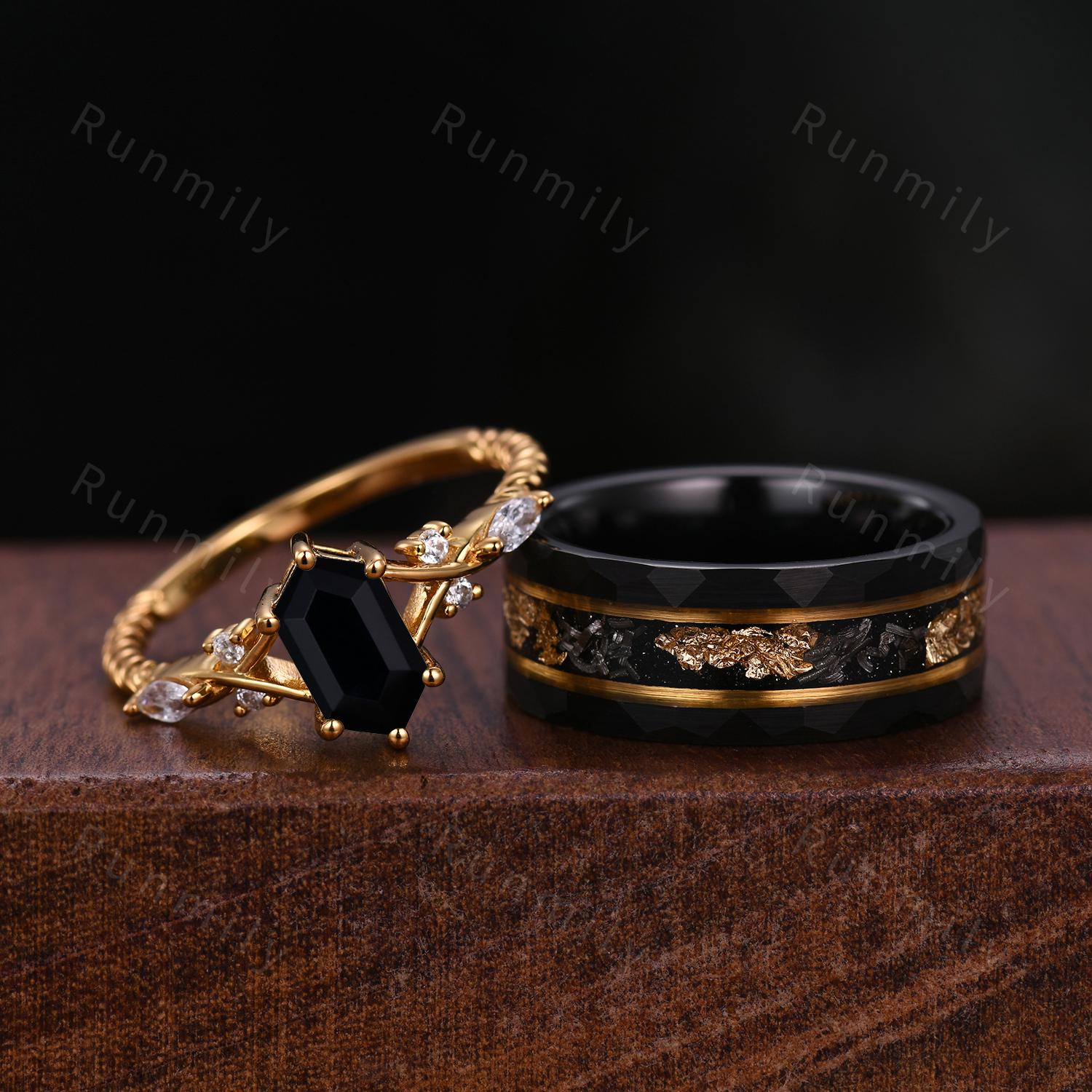 2PCS Black Onyx Couples Ring Set Yellow Gold Matching Promise Ring His and Hers Wedding Band Mens Meteorite Gold Leaf Ring Natural Black Gem