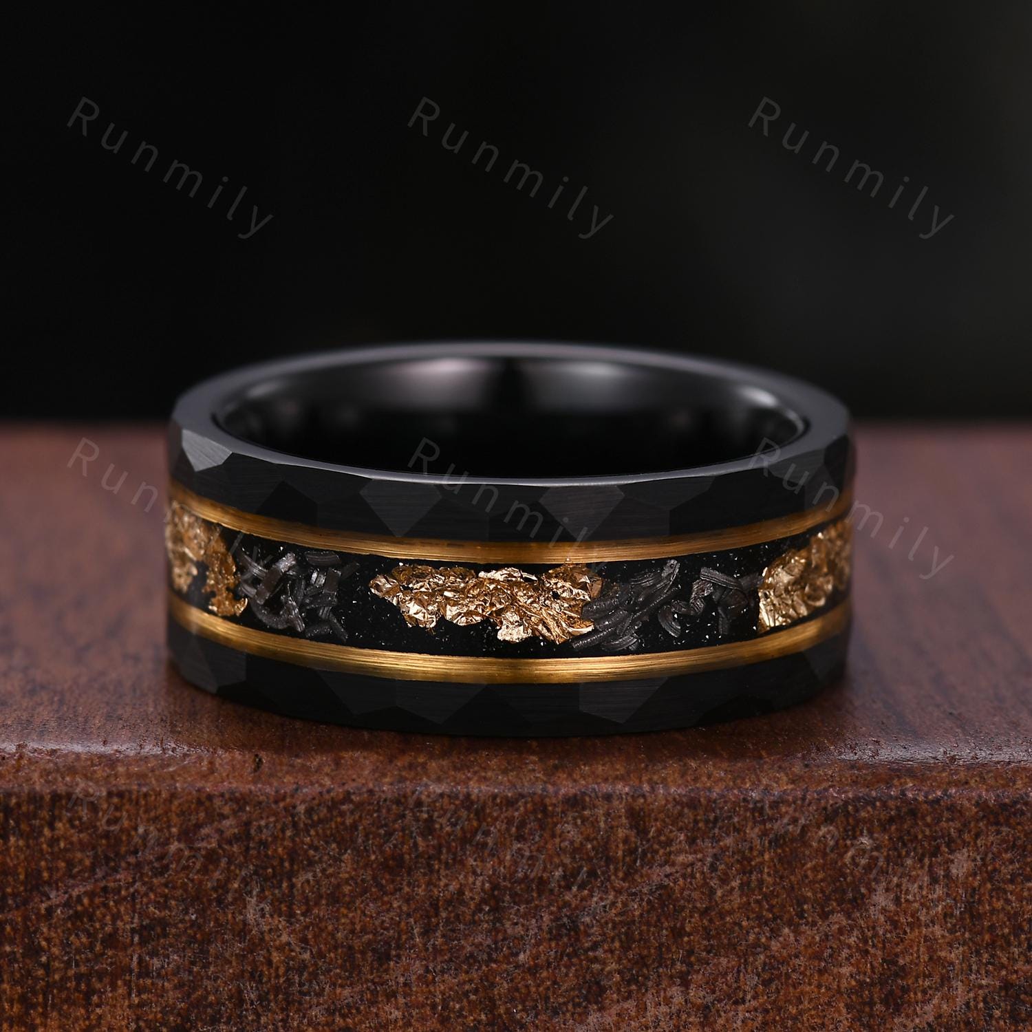 Black Rutilated Quartz Couples Ring Set Yellow Gold Matching His and Hers Wedding Band Mens Meteorite Gold Leaf Ring Natural Black Gemstone