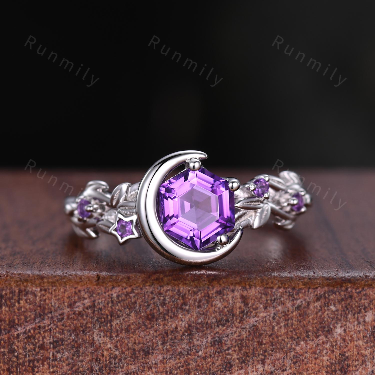 Hexagon cut Amethyst Couples Ring Set Silver Unique Moon Engagement Ring Mens Crushed Amethyst Ring His and Hers Wedding Band Promise Ring