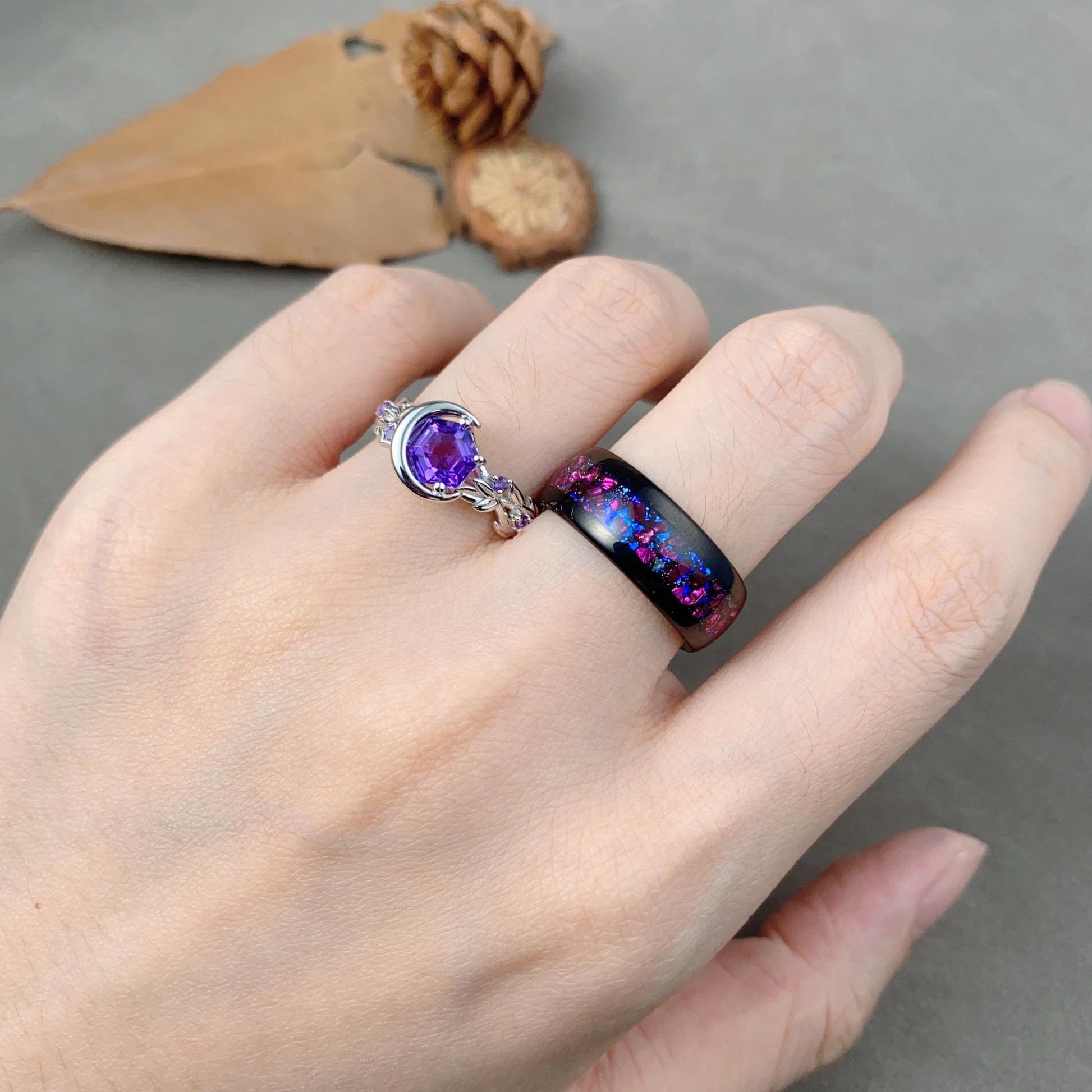 Hexagon cut Amethyst Couples Ring Set Silver Unique Moon Engagement Ring Mens Crushed Amethyst Ring His and Hers Wedding Band Promise Ring