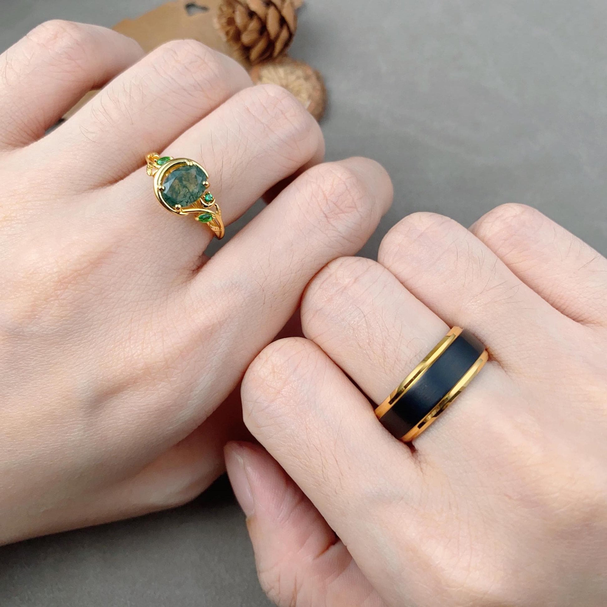 Yellow Gold Couples Ring Set Natural Moss Agate Ring for Women Vintage His and Hers Wedding Band Crescent Moon Ring Mens Black Tungsten Ring