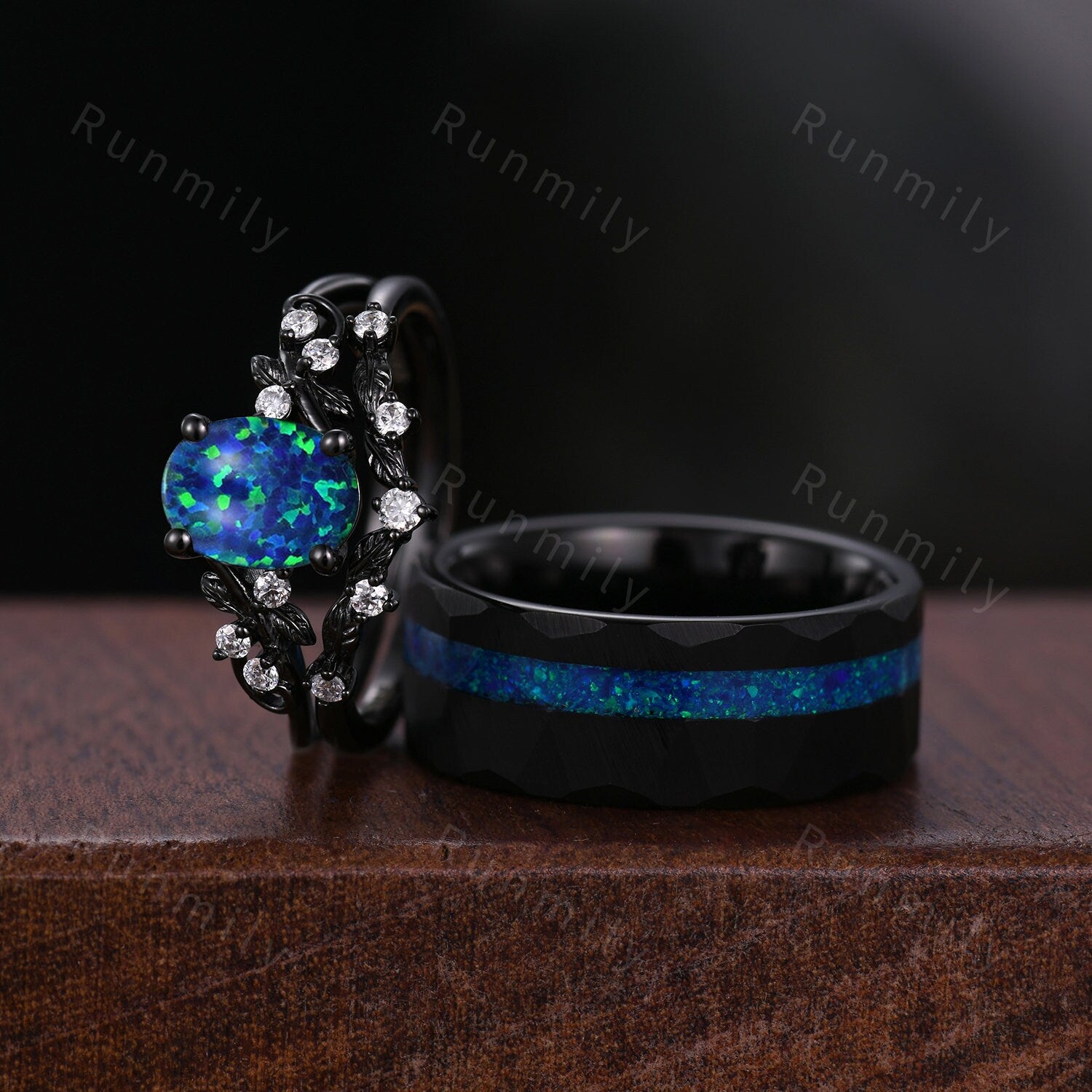 Oval Blue Fire Opal Ring Set For Couples His and Her Wedding Band Black Gold Mens Tungsten Wedding Band Nature Inspired Opal Matching Ring