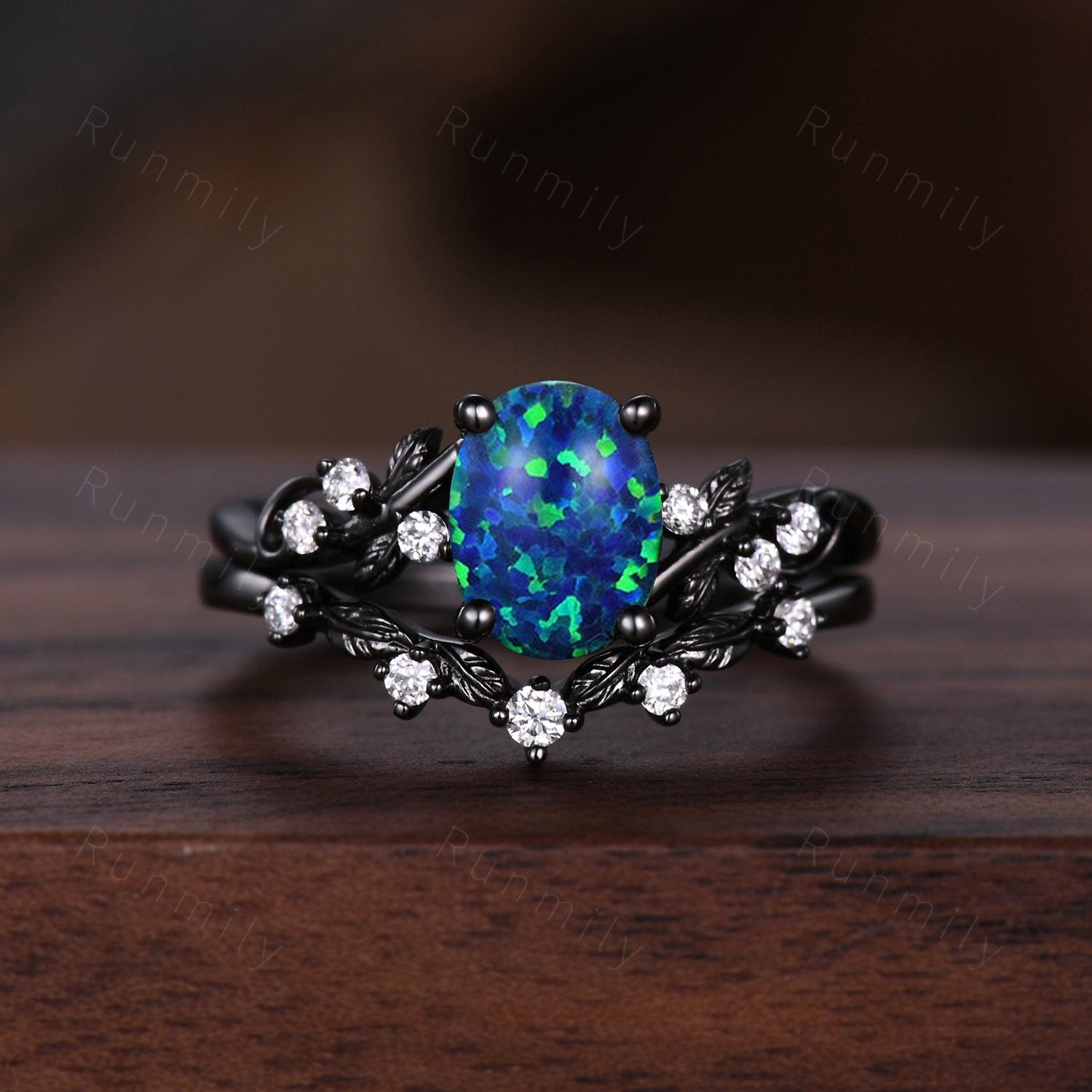 Oval Blue Fire Opal Ring Set For Couples His and Her Wedding Band Black Gold Mens Tungsten Wedding Band Nature Inspired Opal Matching Ring