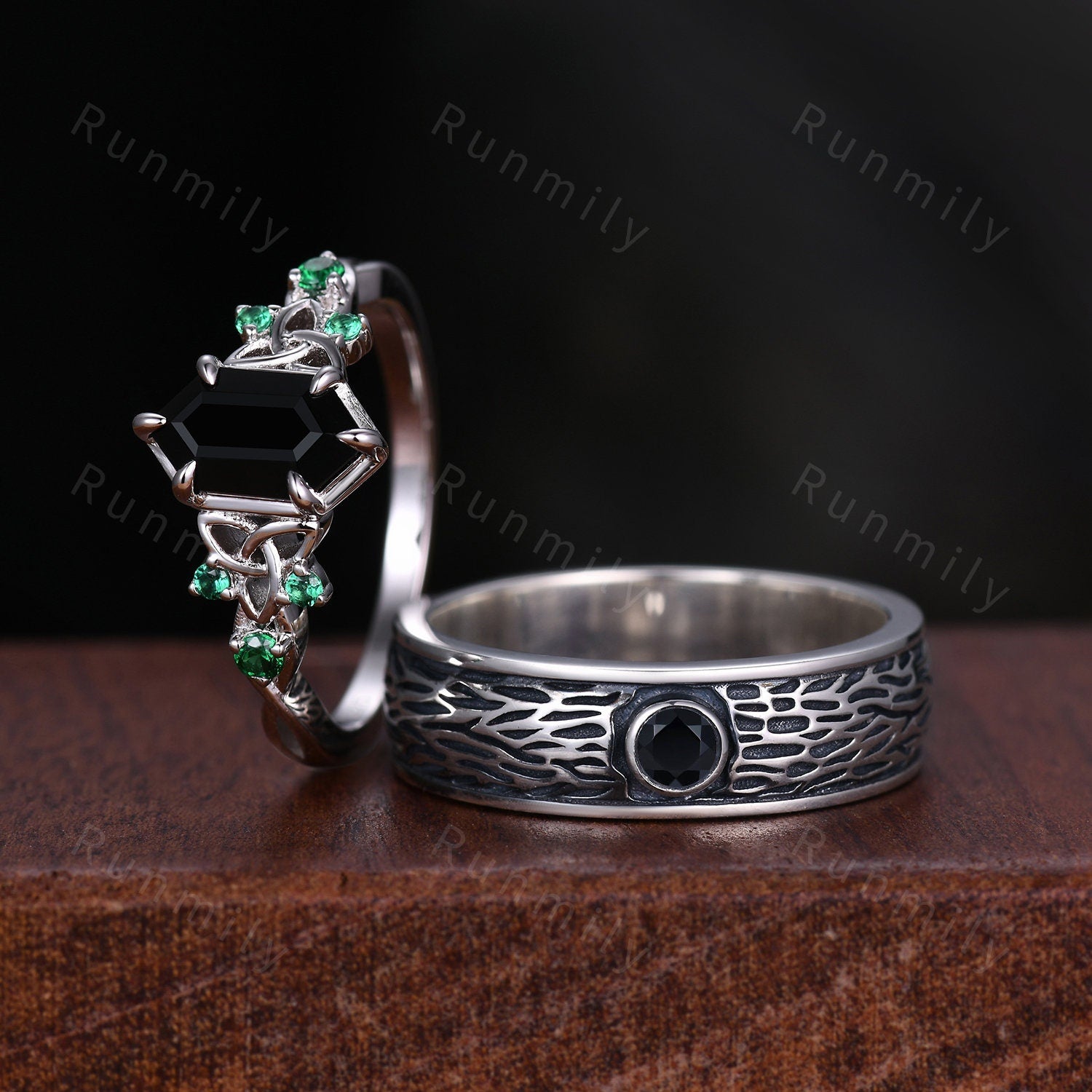 Celtic Black Onyx Couples Ring Silver Matching Ring Set Mens Gothic Tree Bark Ring His and Hers Wedding Band Antique Promise Ring Set