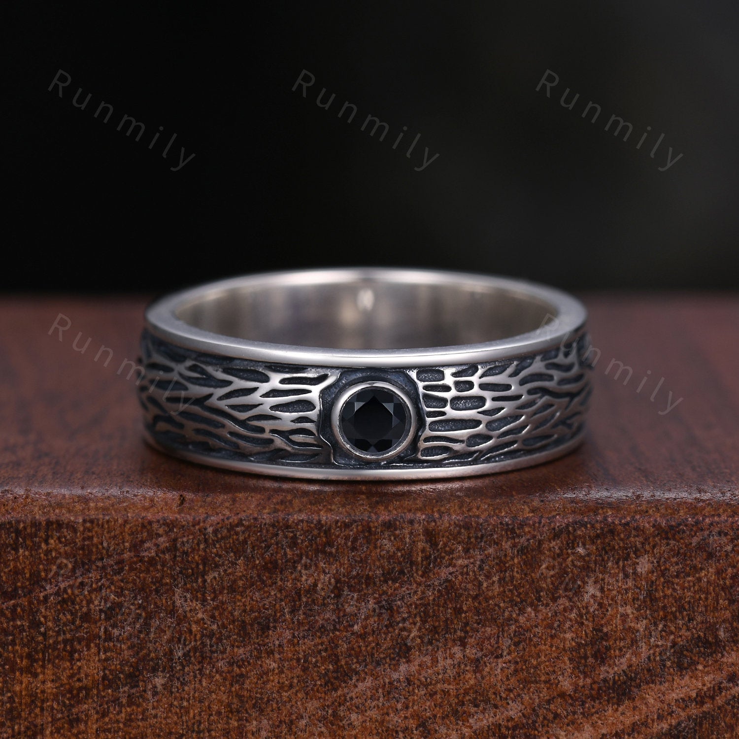 Celtic Black Onyx Couples Ring Silver Matching Ring Set Mens Gothic Tree Bark Ring His and Hers Wedding Band Antique Promise Ring Set