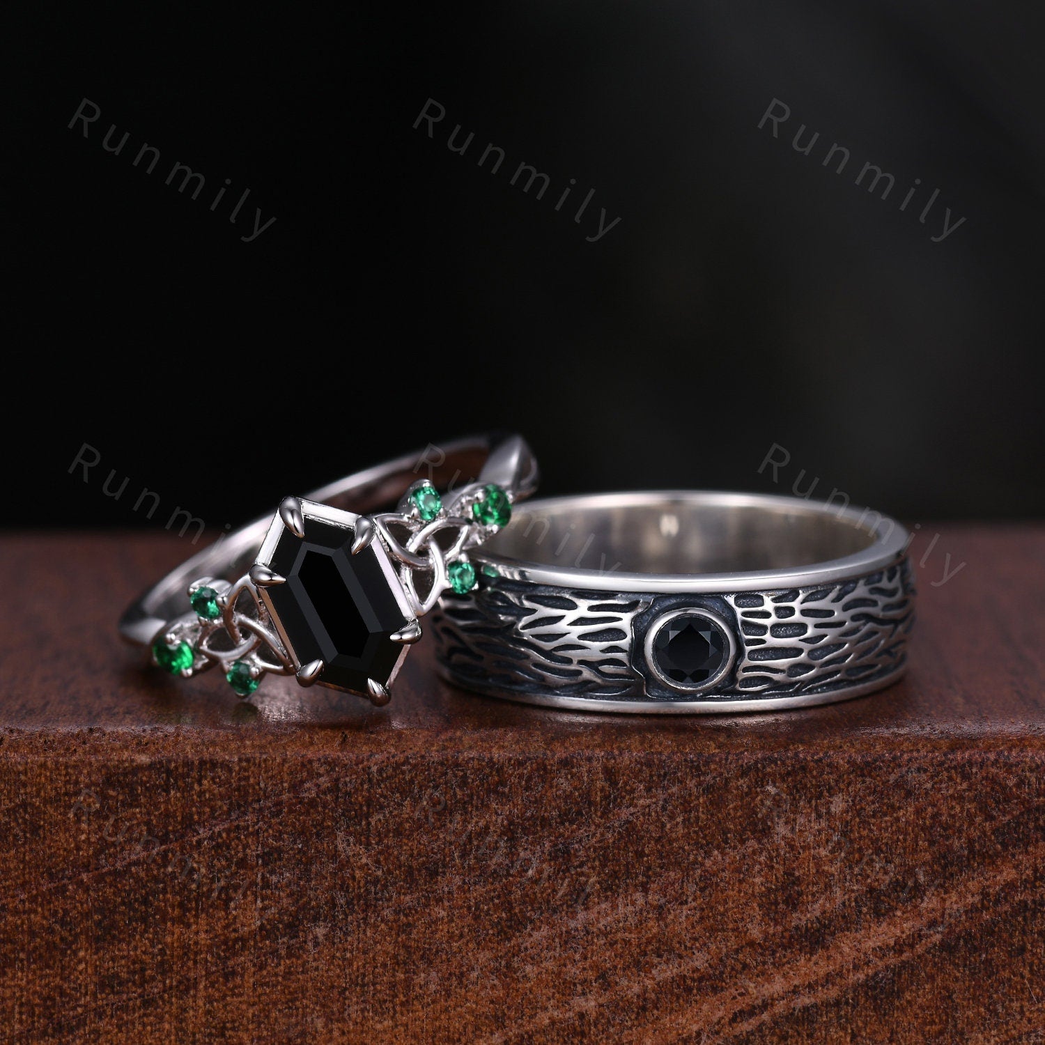 Celtic Black Onyx Couples Ring Silver Matching Ring Set Mens Gothic Tree Bark Ring His and Hers Wedding Band Antique Promise Ring Set