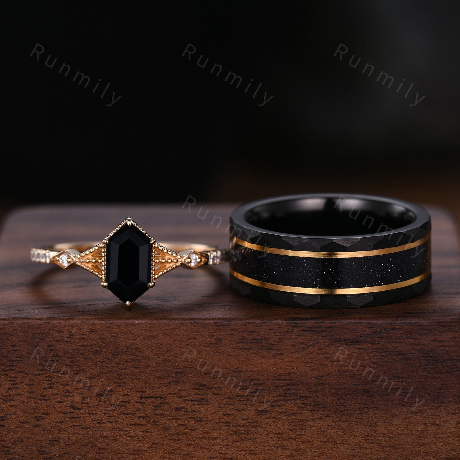 Antique Black Onyx Couples Ring Yellow Gold Matching Ring Set His and Hers Wedding Band Mens Black Sandstone Ring Promise Ring For Couples
