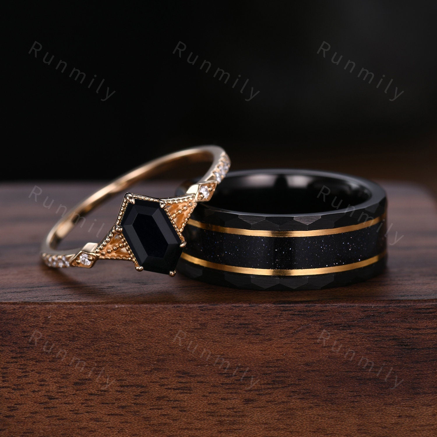 Antique Black Onyx Couples Ring Yellow Gold Matching Ring Set His and Hers Wedding Band Mens Black Sandstone Ring Promise Ring For Couples