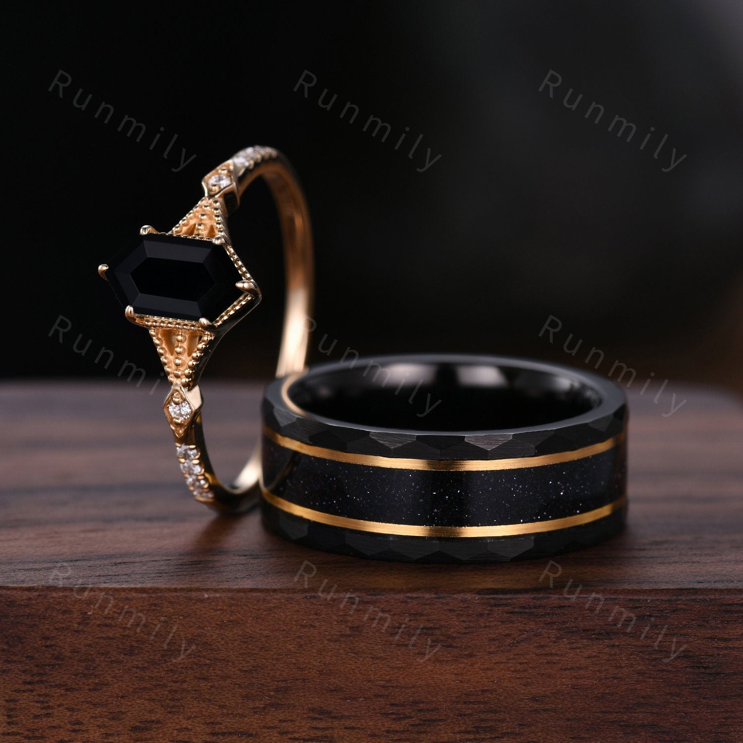 Antique Black Onyx Couples Ring Yellow Gold Matching Ring Set His and Hers Wedding Band Mens Black Sandstone Ring Promise Ring For Couples
