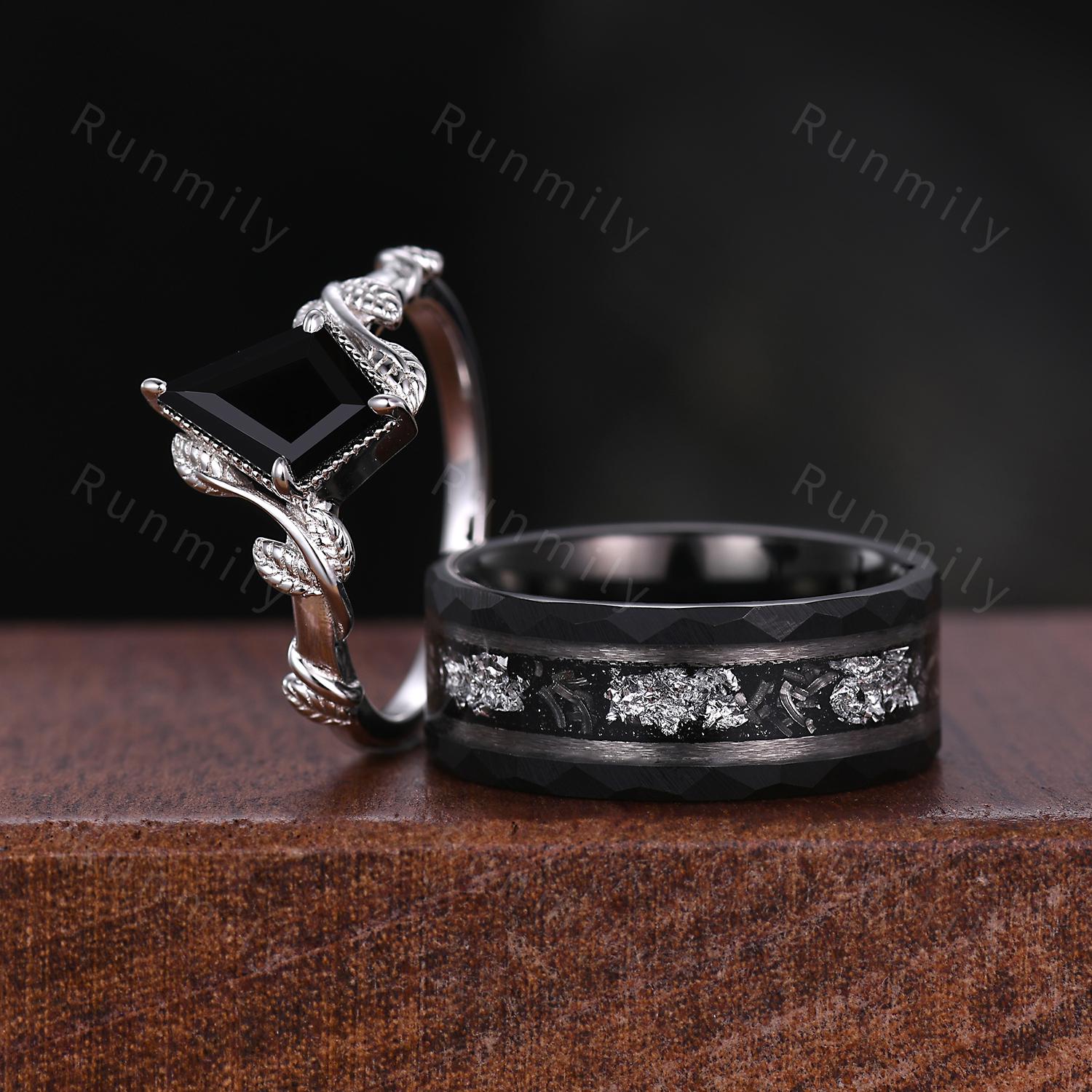 Kite cut Black Onyx Couples Ring Set Silver Unique Twig Leaf Engagement Ring Mens Meteorite Tungsten Ring His and Hers Wedding Promise Ring