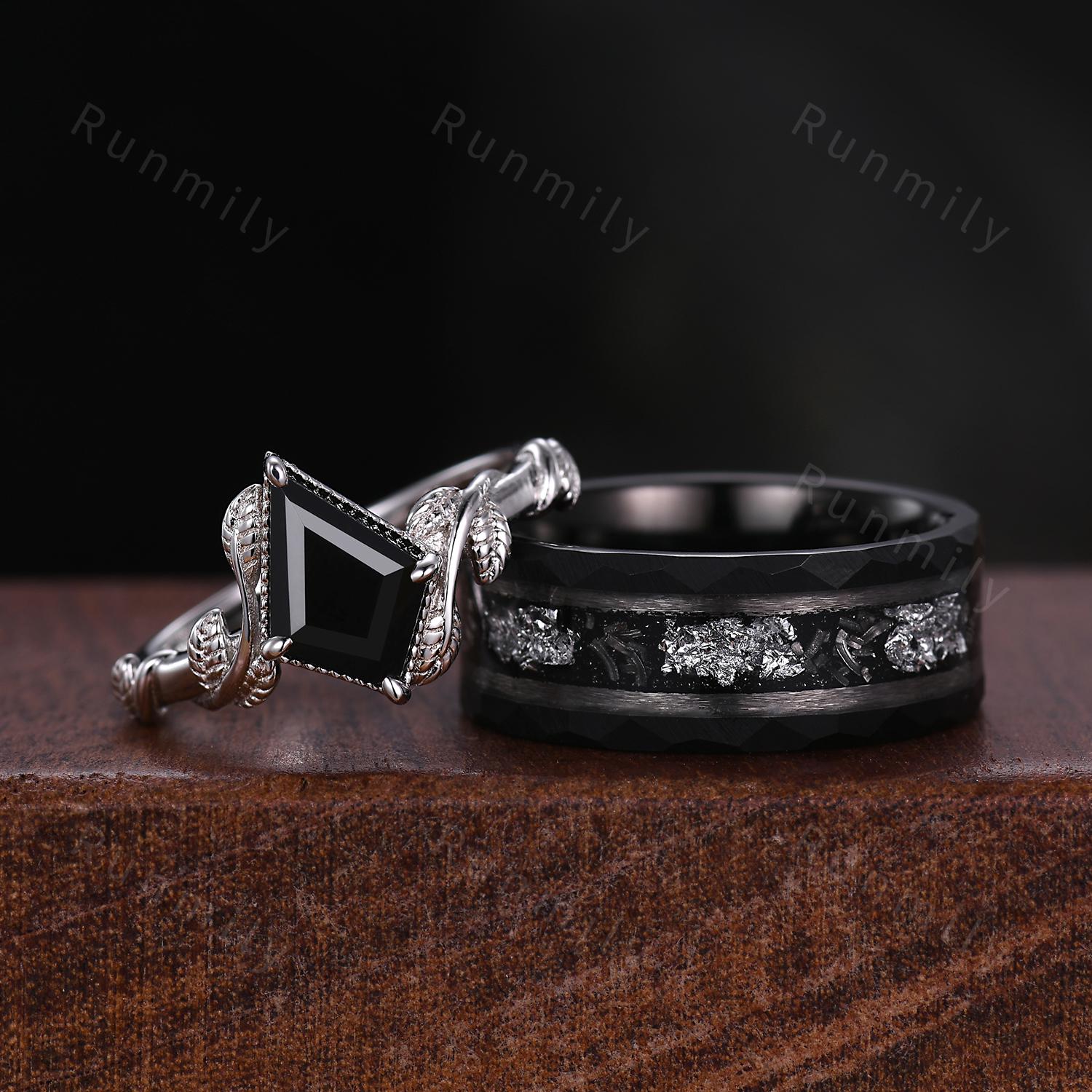Kite cut Black Onyx Couples Ring Set Silver Unique Twig Leaf Engagement Ring Mens Meteorite Tungsten Ring His and Hers Wedding Promise Ring