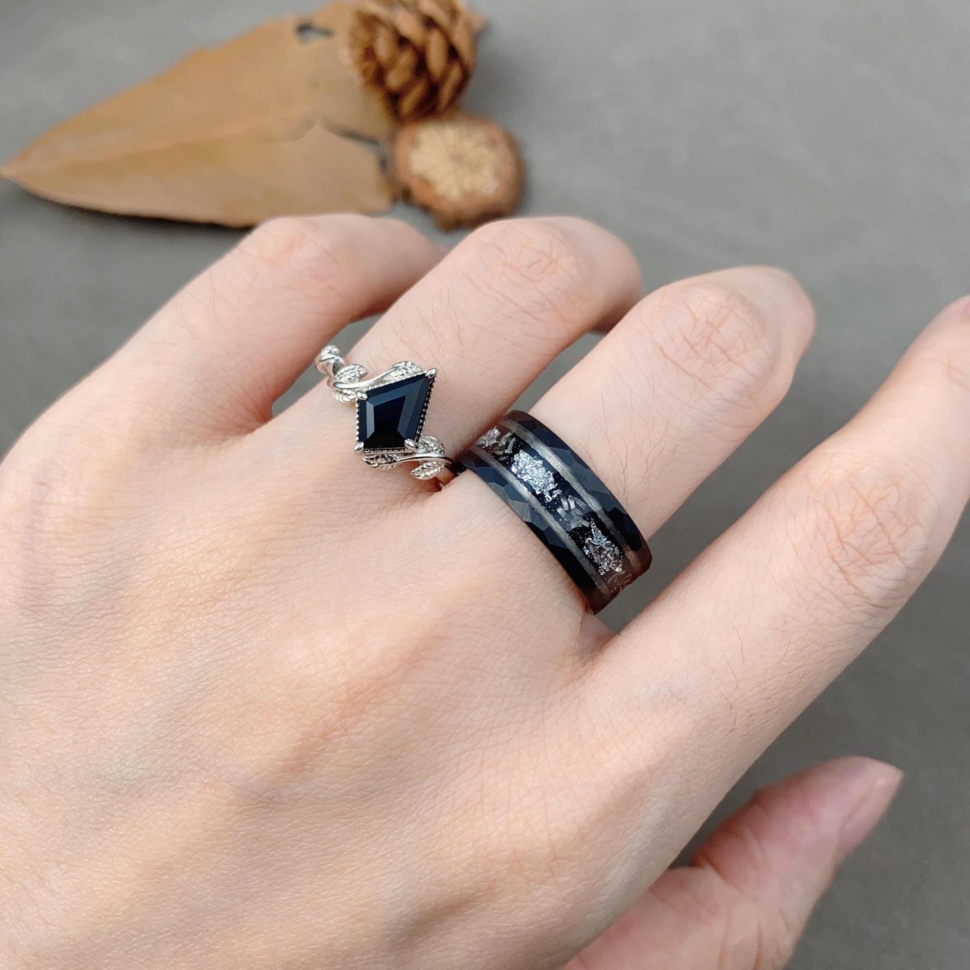 Kite cut Black Onyx Couples Ring Set Silver Unique Twig Leaf Engagement Ring Mens Meteorite Tungsten Ring His and Hers Wedding Promise Ring