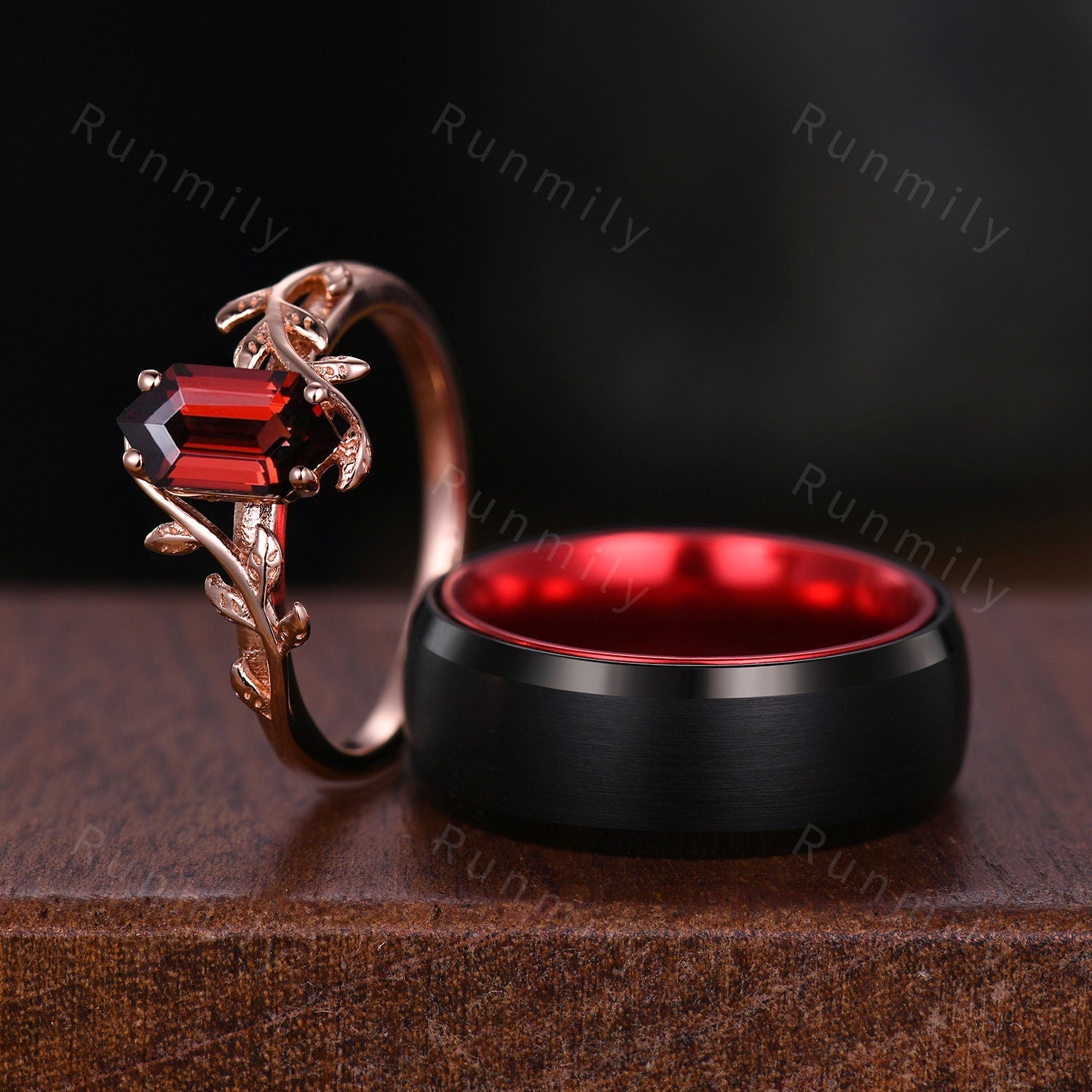 Nature Inspired Red Garnet Couples Ring Vintage Matching Ring Set His and Hers Wedding Band Promise Ring For Women For Mens Black Ring