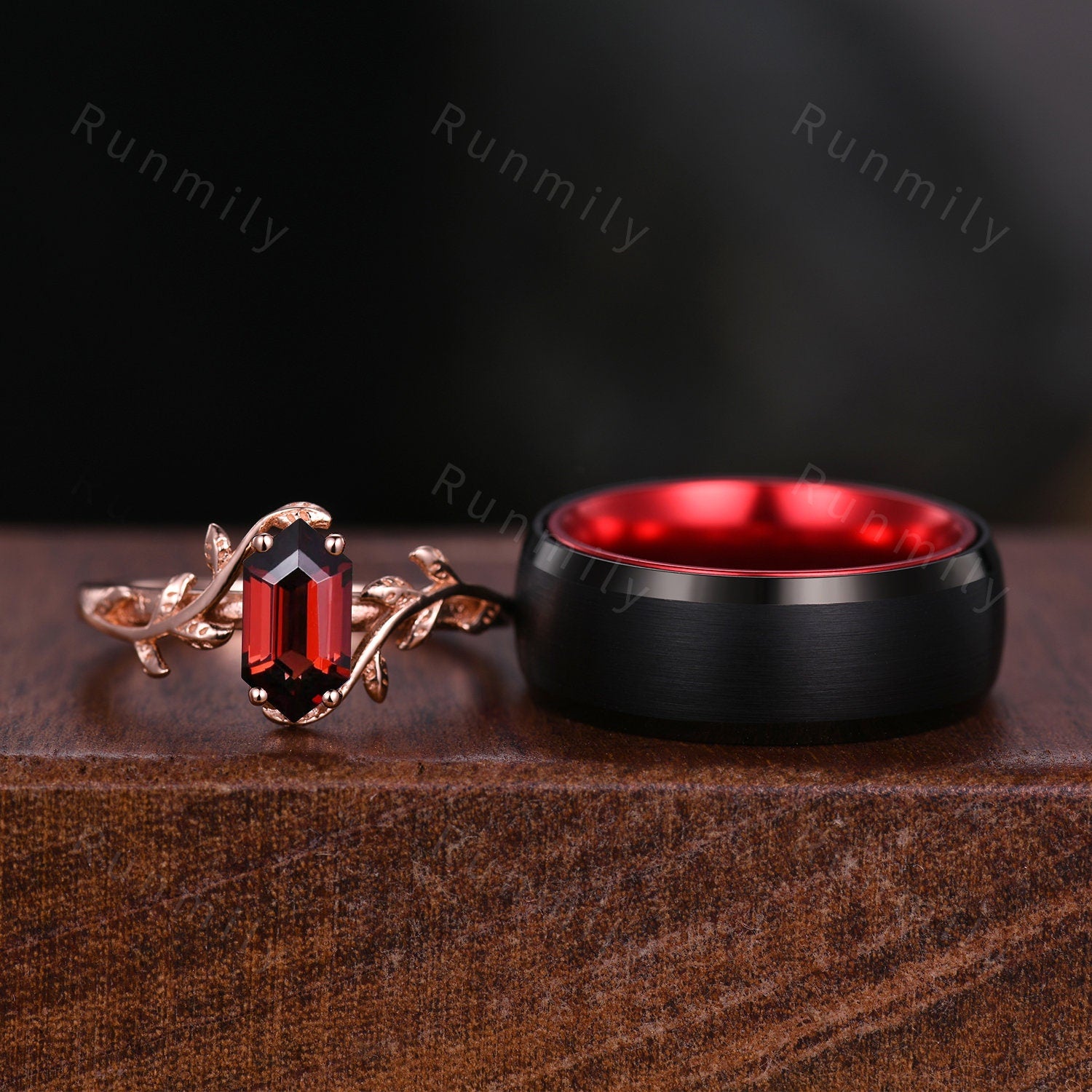 Nature Inspired Red Garnet Couples Ring Vintage Matching Ring Set His and Hers Wedding Band Promise Ring For Women For Mens Black Ring