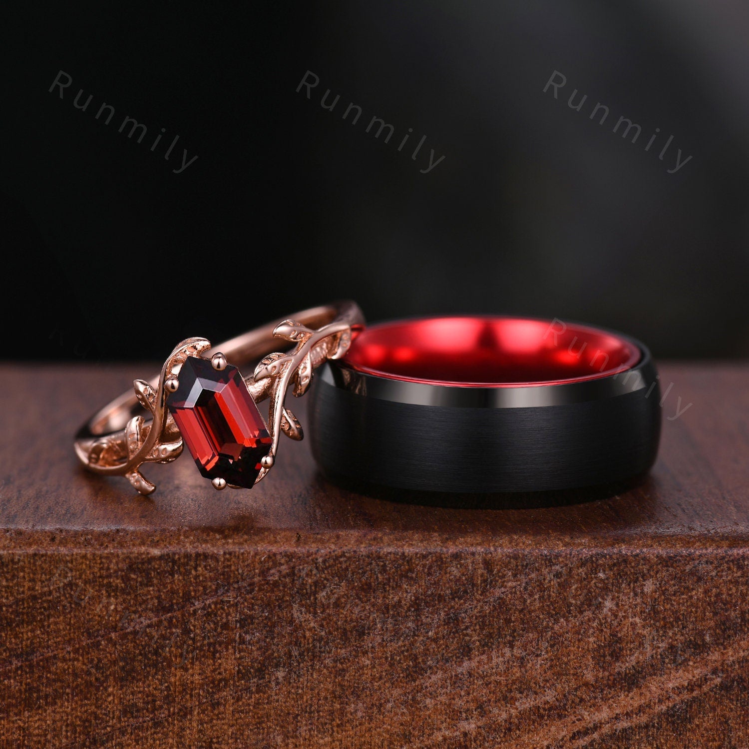 Nature Inspired Red Garnet Couples Ring Vintage Matching Ring Set His and Hers Wedding Band Promise Ring For Women For Mens Black Ring