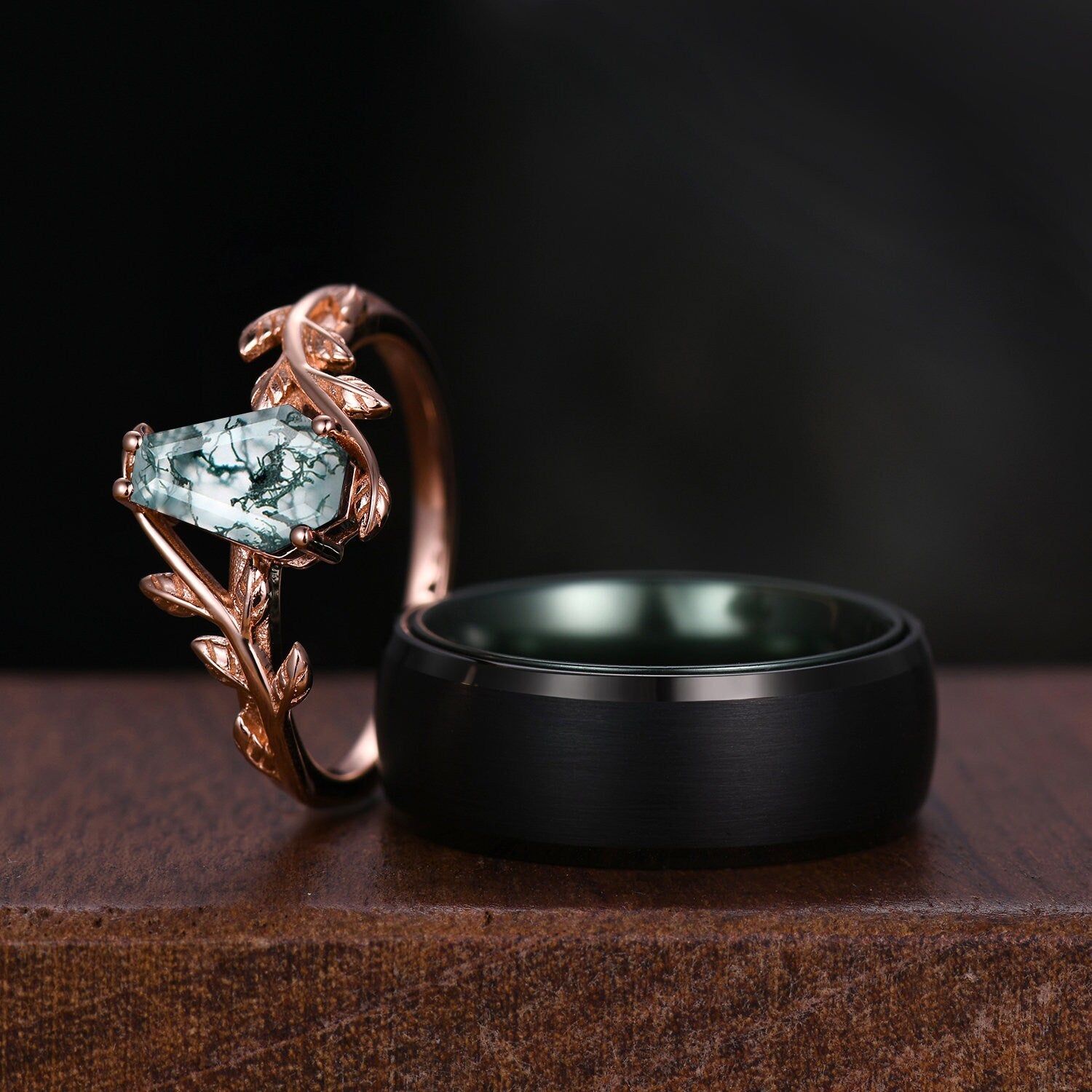 Coffin cut Moss Agate Couples Ring His and Hers Wedding Band Set Mens Black Green Ring Women Nature Inspired Ring Couple Promise Ring Set
