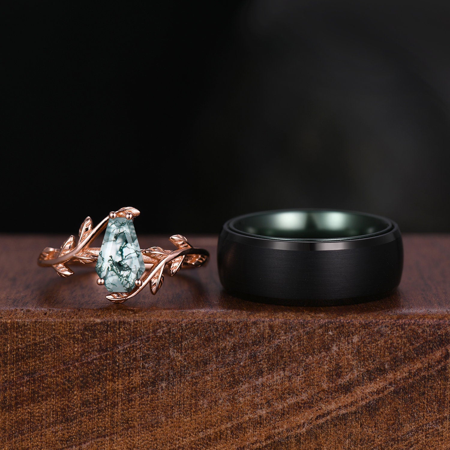 Coffin cut Moss Agate Couples Ring His and Hers Wedding Band Set Mens Black Green Ring Women Nature Inspired Ring Couple Promise Ring Set