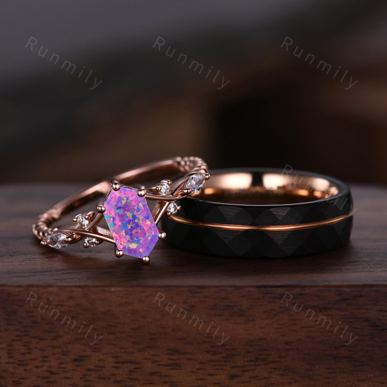 Vintage Lavender Opal Couples Ring Rose Gold Matching Ring Set His and Hers Wedding Band Promise Ring For Men For Women Purple Opal Ring