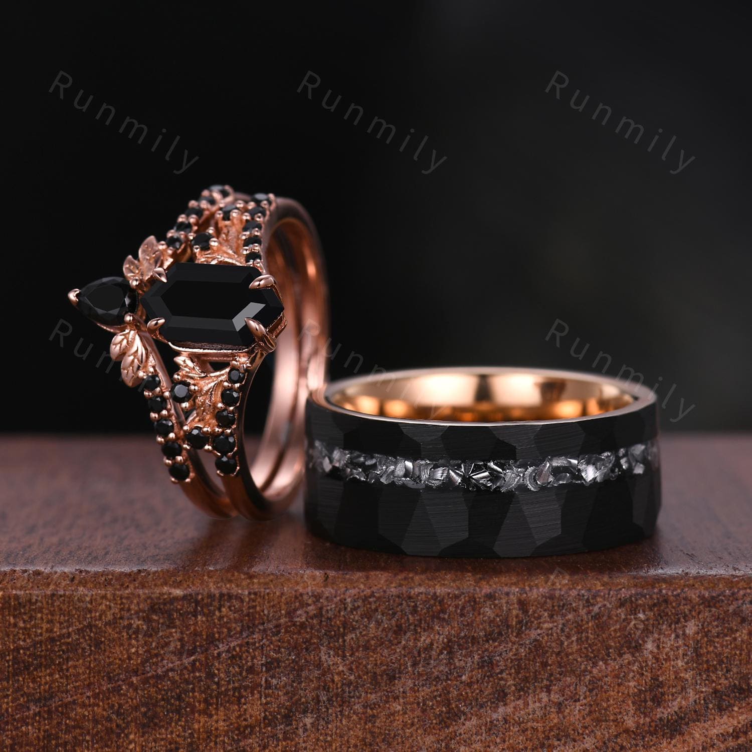 Vintage Black Onyx Couples Ring Rose Gold Matching Ring Set His And Hers Wedding Band Mens Meteorite Ring Black Gemstone Promise Ring Set