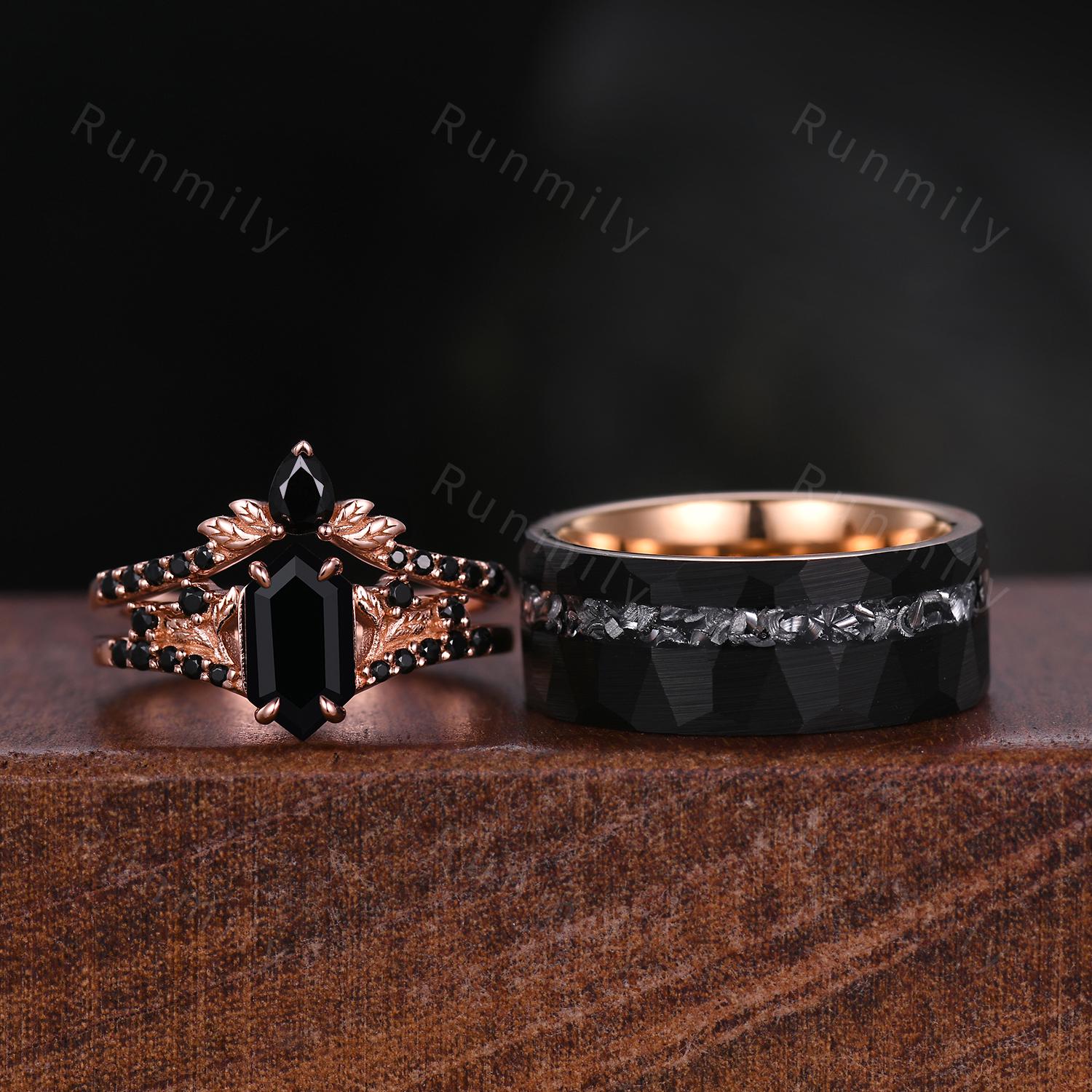 Vintage Black Onyx Couples Ring Rose Gold Matching Ring Set His And Hers Wedding Band Mens Meteorite Ring Black Gemstone Promise Ring Set