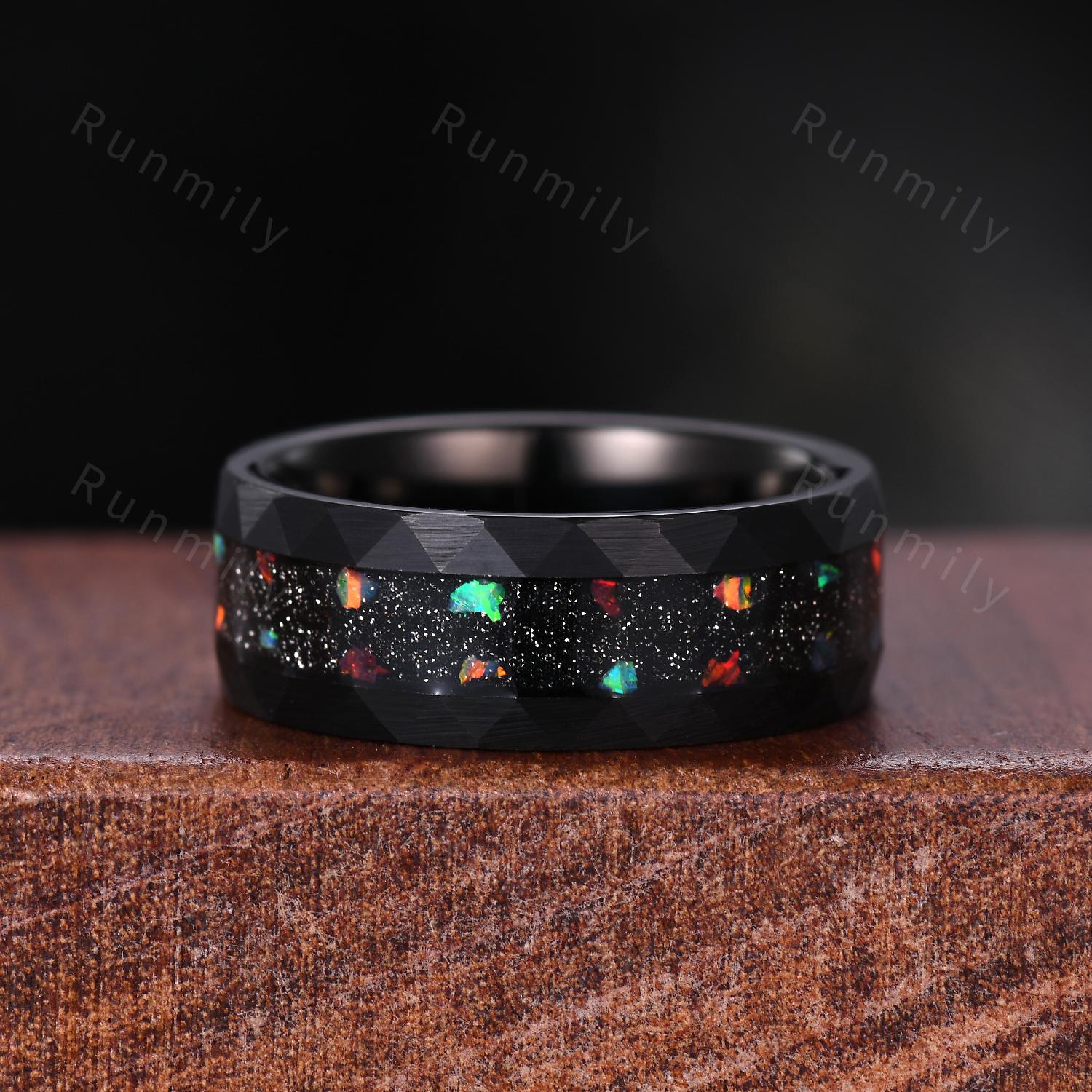 Elongated Black Onyx Couples Ring Set Vintage His and Hers Wedding Band Mens Galaxy Meteorite Ring Hammered Band Promise Ring For Men/Women