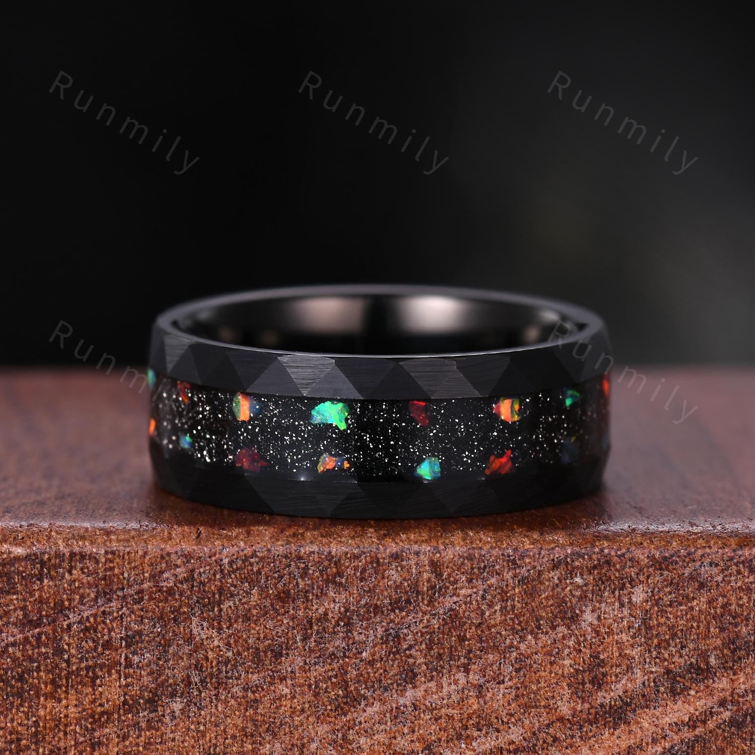 Nature inspired ruby and emerald couples ring vintage black gold His and Hers wedding band outer space Mens ring twig leaf bridal ring