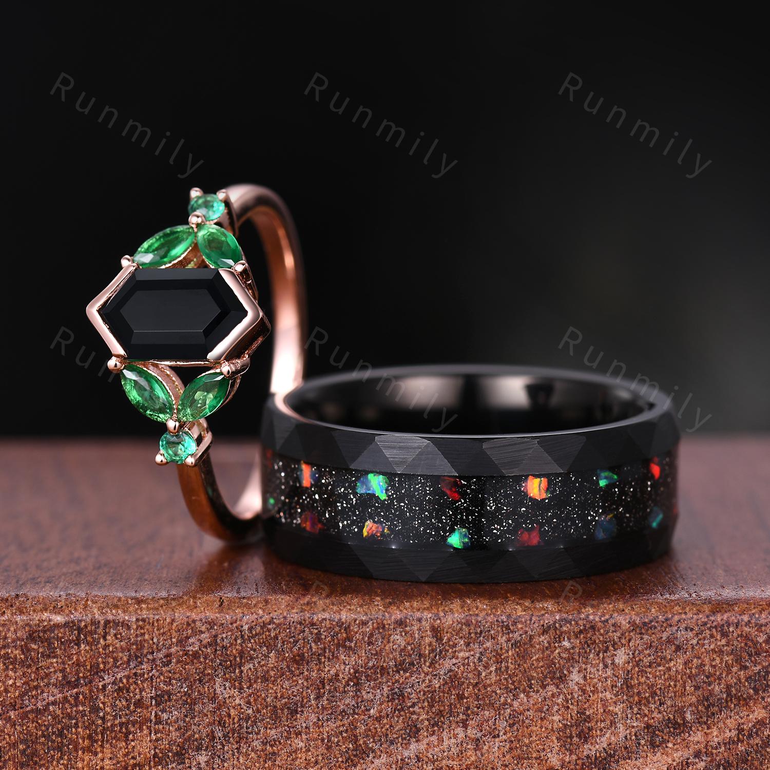 Elongated Black Onyx Couples Ring Set Vintage His and Hers Wedding Band Mens Galaxy Meteorite Ring Hammered Band Promise Ring For Men/Women