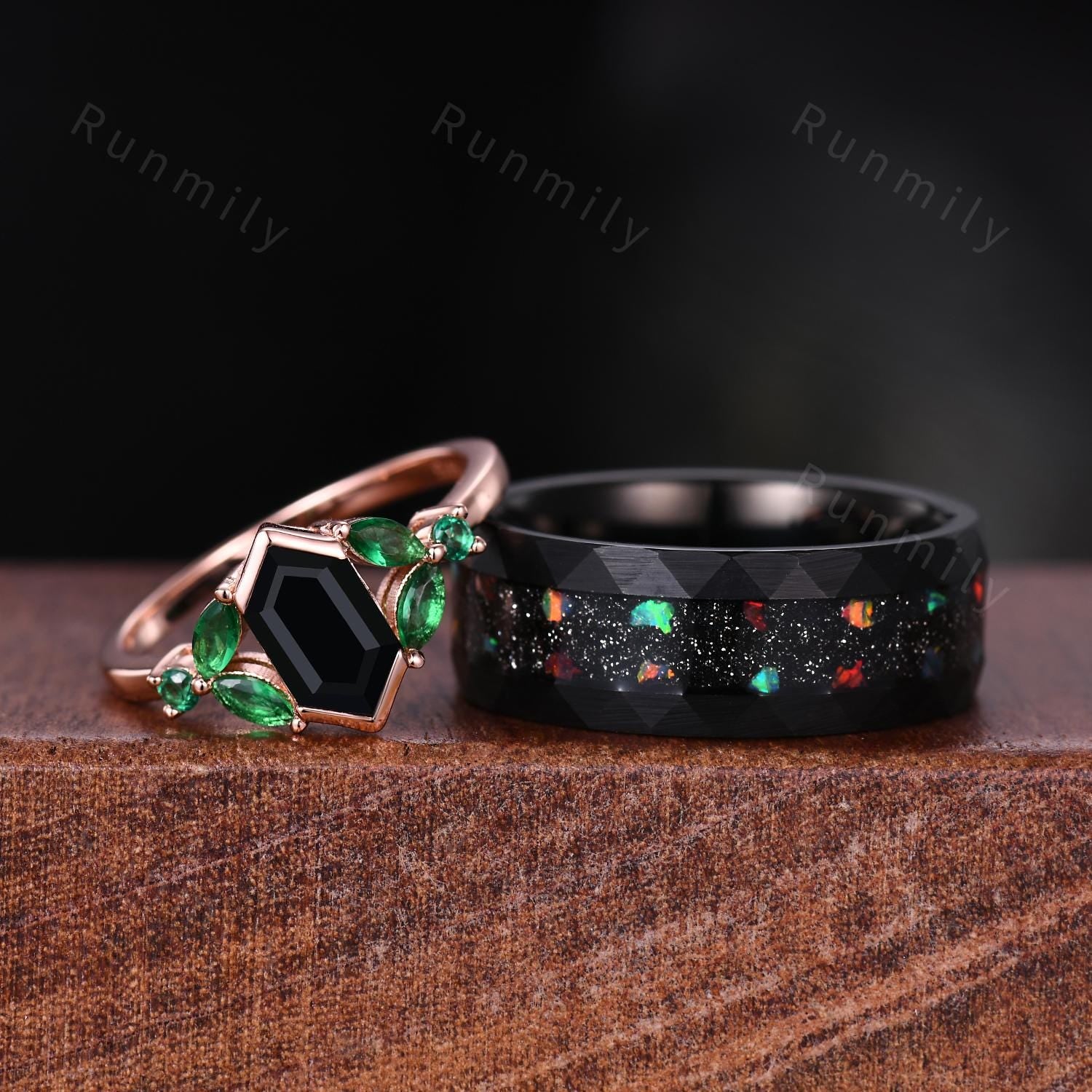 Elongated Black Onyx Couples Ring Set Vintage His and Hers Wedding Band Mens Galaxy Meteorite Ring Hammered Band Promise Ring For Men/Women