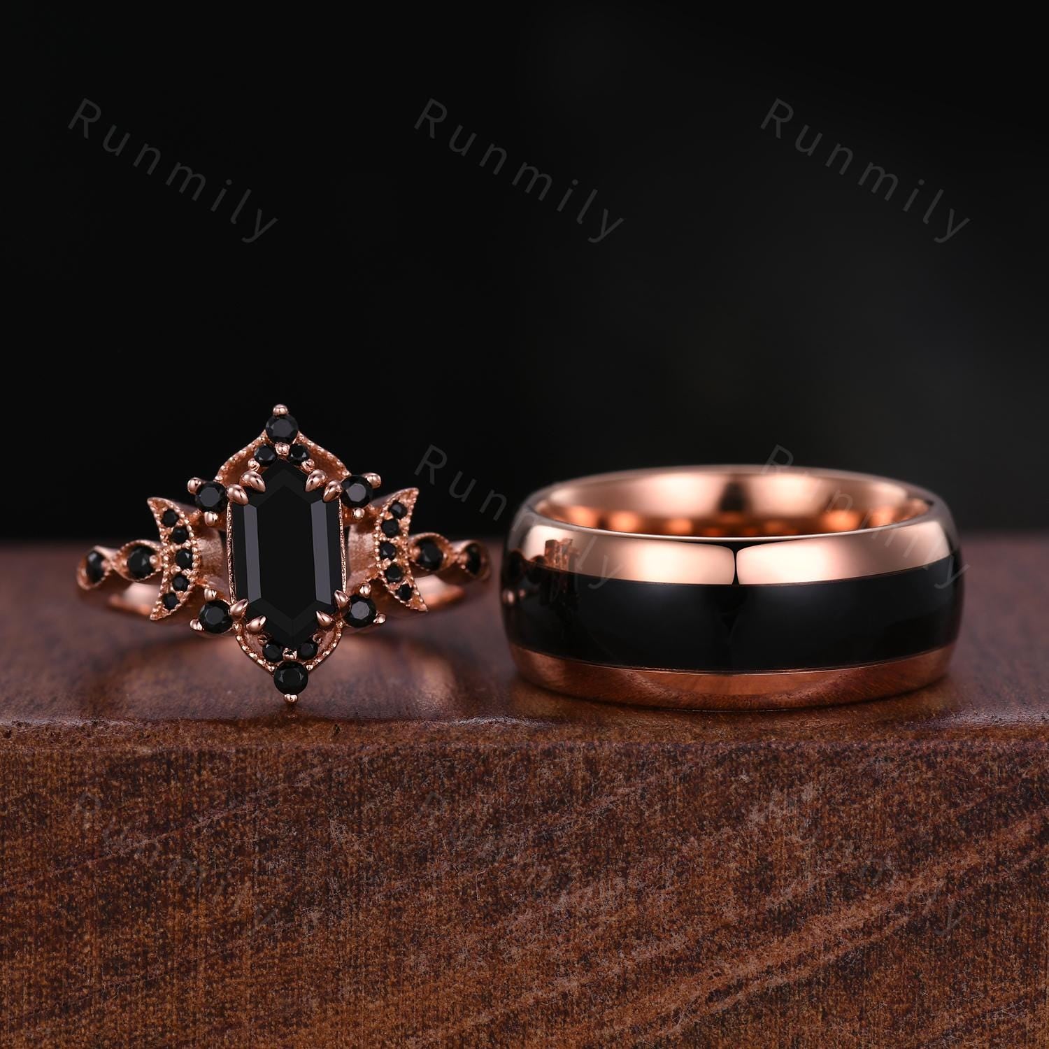 Vintage Black Onyx Couples Ring Set Rose Gold His and Hers Wedding Band Comfort Fit Mens Tungsten Band Antique Crescent Moon Promise Ring