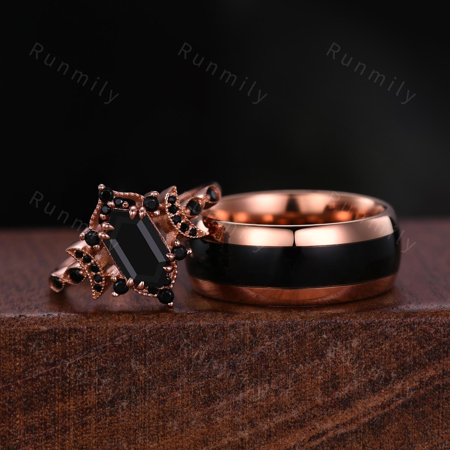 Vintage Black Onyx Couples Ring Set Rose Gold His and Hers Wedding Band Comfort Fit Mens Tungsten Band Antique Crescent Moon Promise Ring