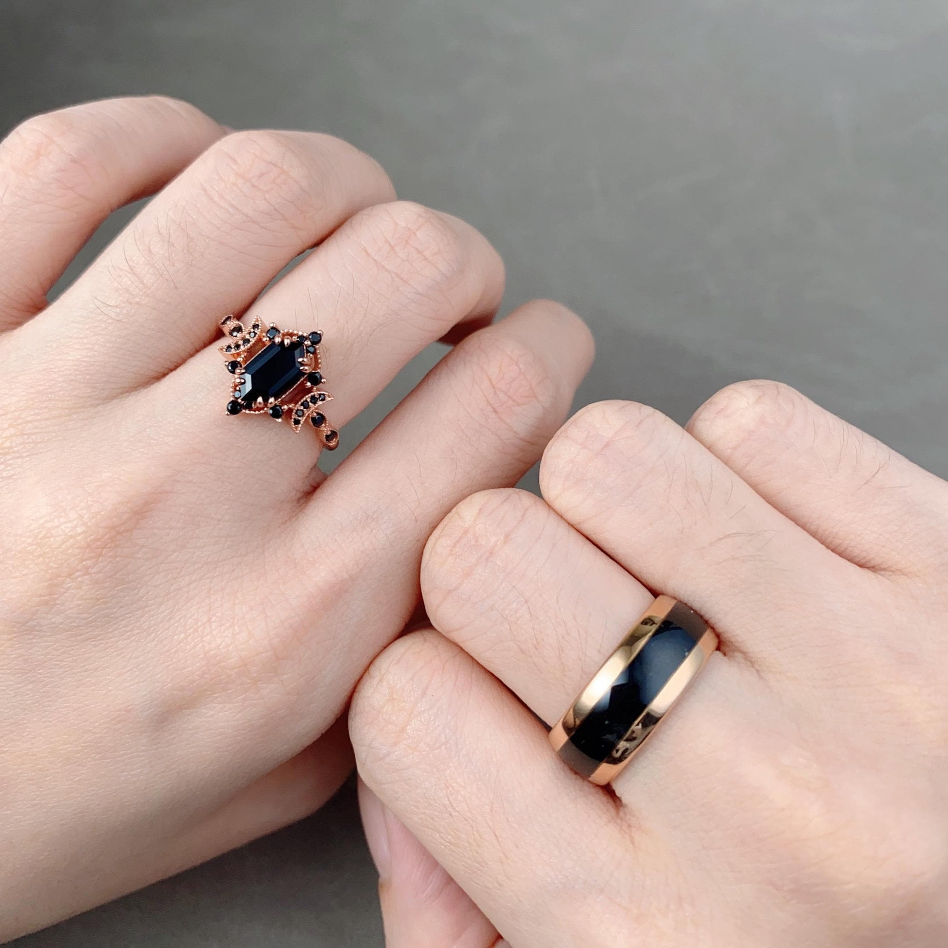 Vintage Black Onyx Couples Ring Set Rose Gold His and Hers Wedding Band Comfort Fit Mens Tungsten Band Antique Crescent Moon Promise Ring
