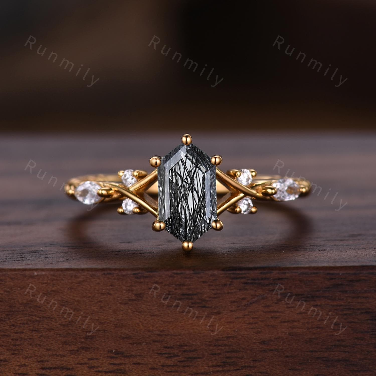 Black Rutilated Quartz Couples Ring Set Yellow Gold Matching His and Hers Wedding Band Mens Meteorite Gold Leaf Ring Natural Black Gemstone