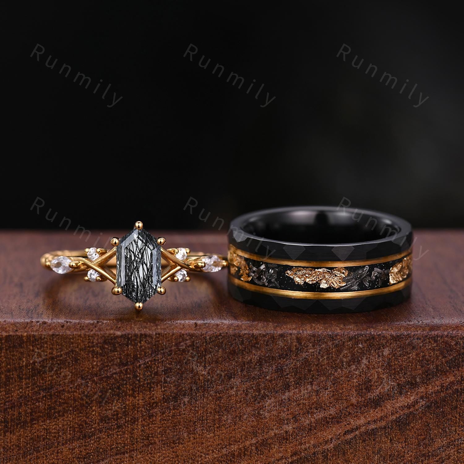 Black Rutilated Quartz Couples Ring Set Yellow Gold Matching His and Hers Wedding Band Mens Meteorite Gold Leaf Ring Natural Black Gemstone