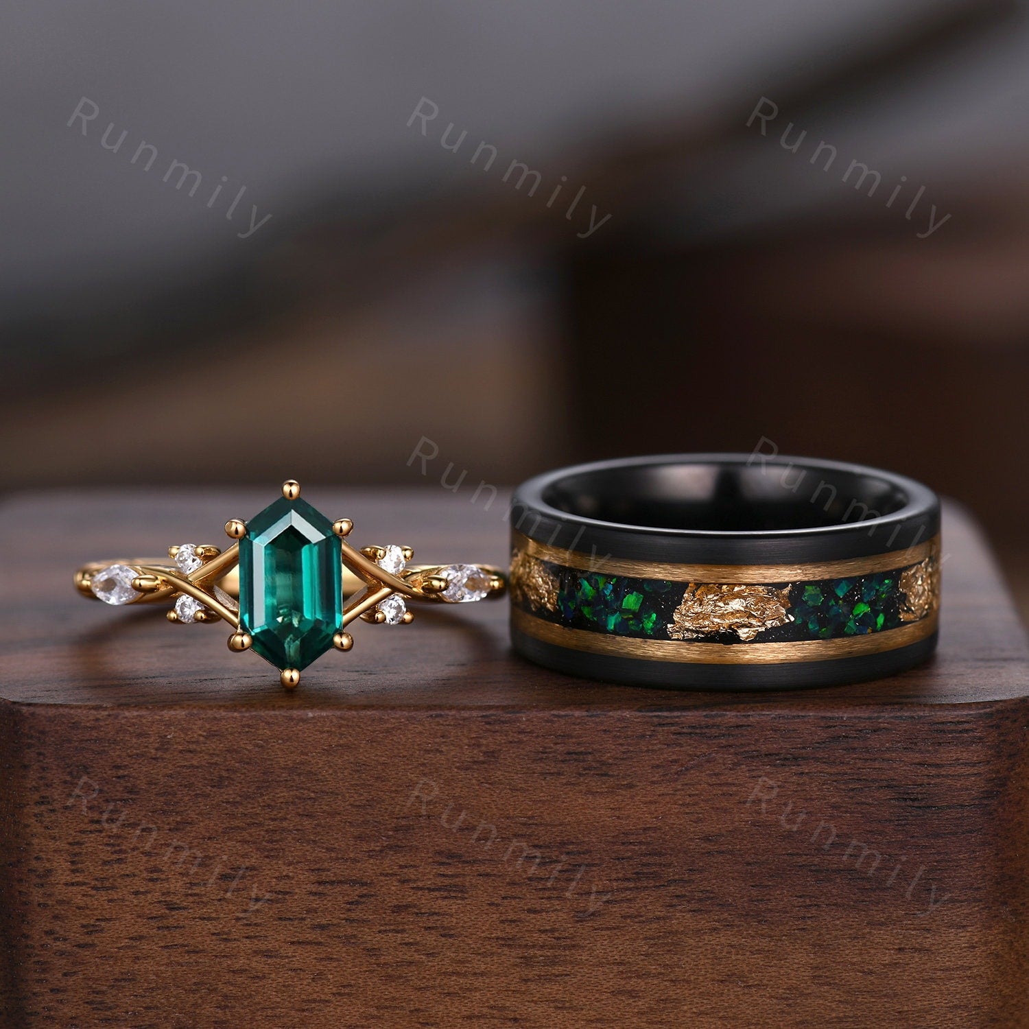 Vintage Emerald Couples Ring Yellow Gold Matching Ring Set His and Hers Wedding Band Mens Fire Opal Ring Promise Ring For Men For Women